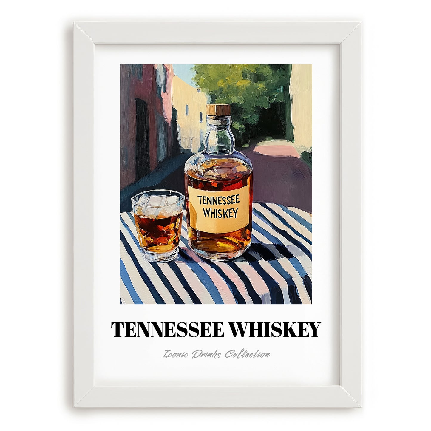 Tennessee Whiskey – American Urban Café Scene, American Whiskey Poster, placed in minimal white frame