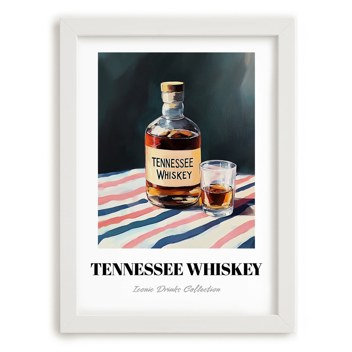 Tennessee Whiskey – on Striped Tablecloth, American Whiskey Painting, placed in minimal white frame