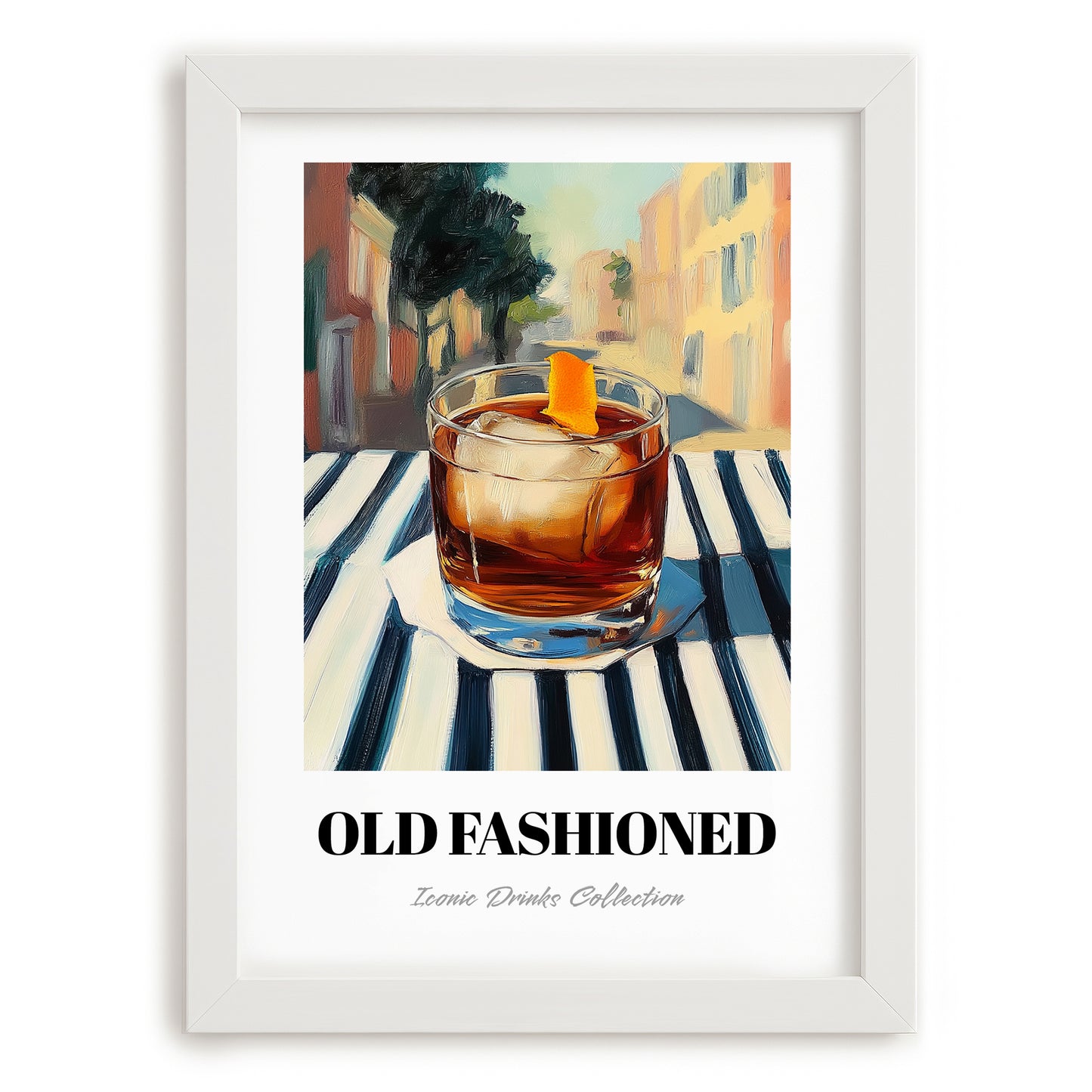 Old Fashioned – American Café on the Corner, American Cocktail Painting, placed in minimal white frame