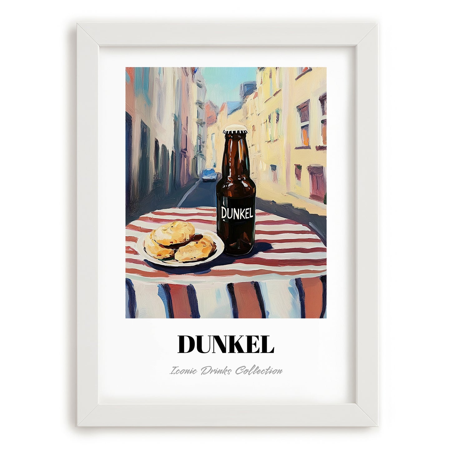 Dunkel – German Café on the Corner, German Beer Painting, placed in minimal white frame