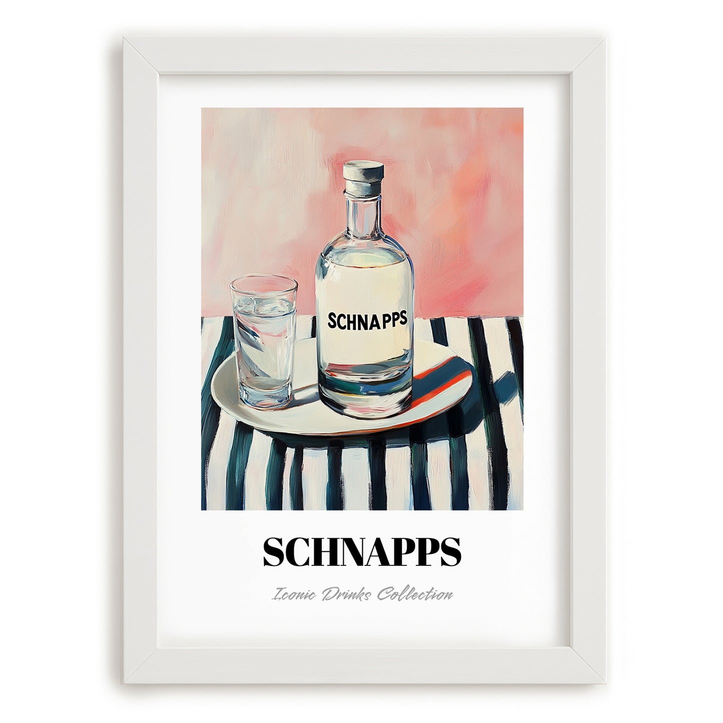 Schnapps – on Striped Tablecloth, German Spirit Painting, placed in minimal white frame