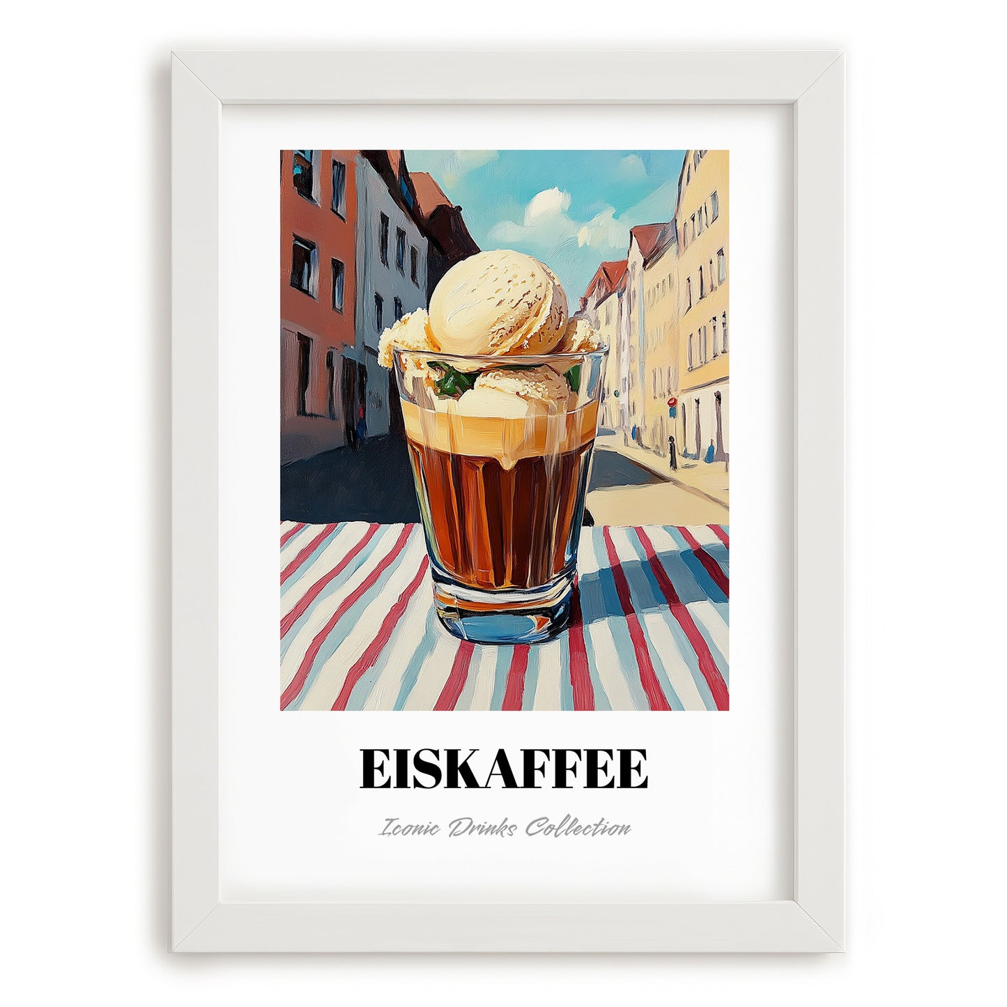 Eiskaffee – German Street Café Scene, German Coffee Wall Poster, placed in minimal white frame