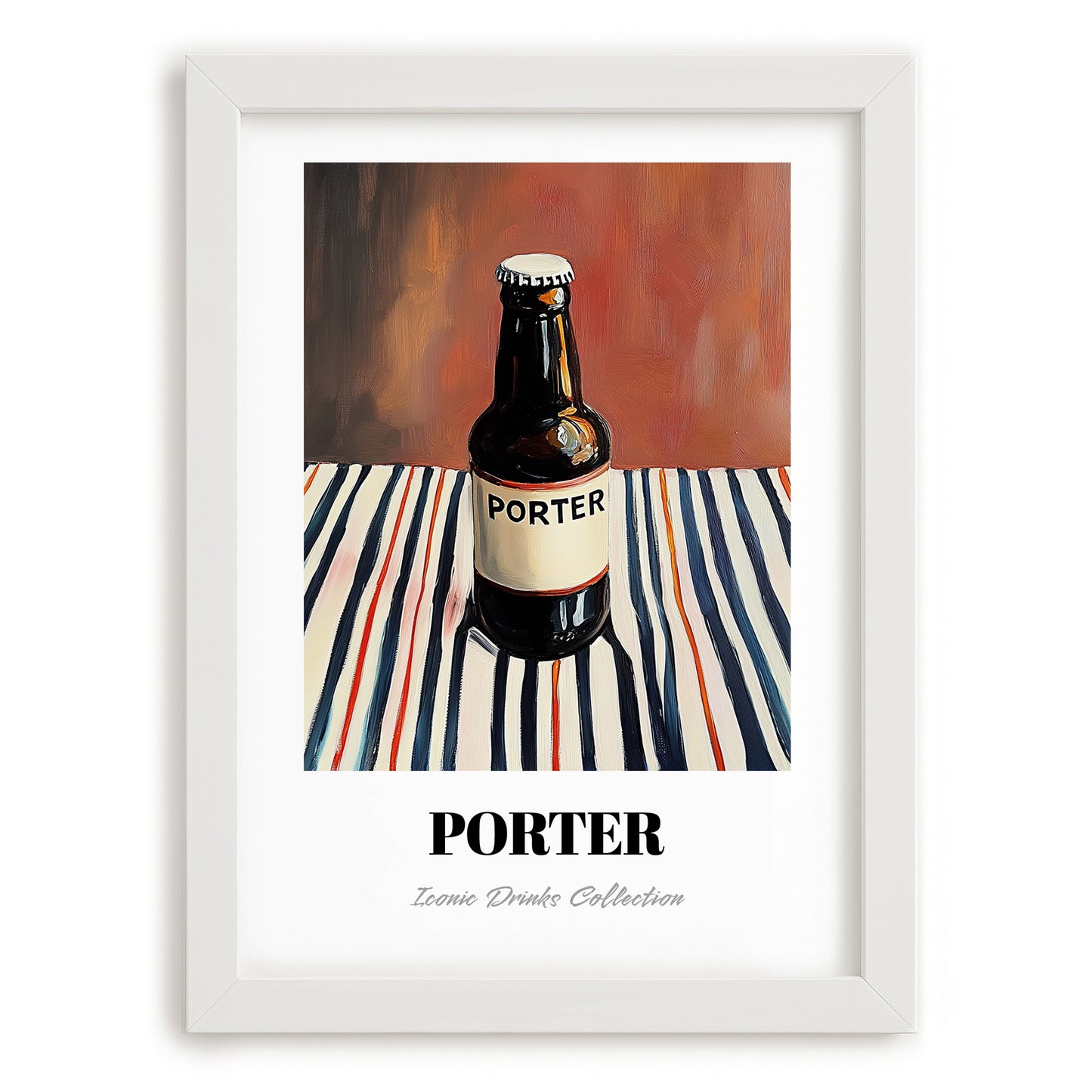 Porter – on Striped Tablecloth, English Beer Wall Decor, placed in minimal white frame
