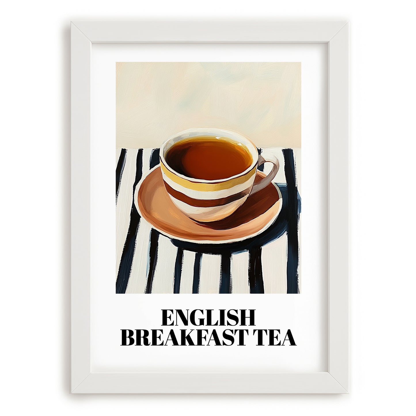 English Breakfast Tea – on Striped Tablecloth, English Tea Still Life, placed in minimal white frame