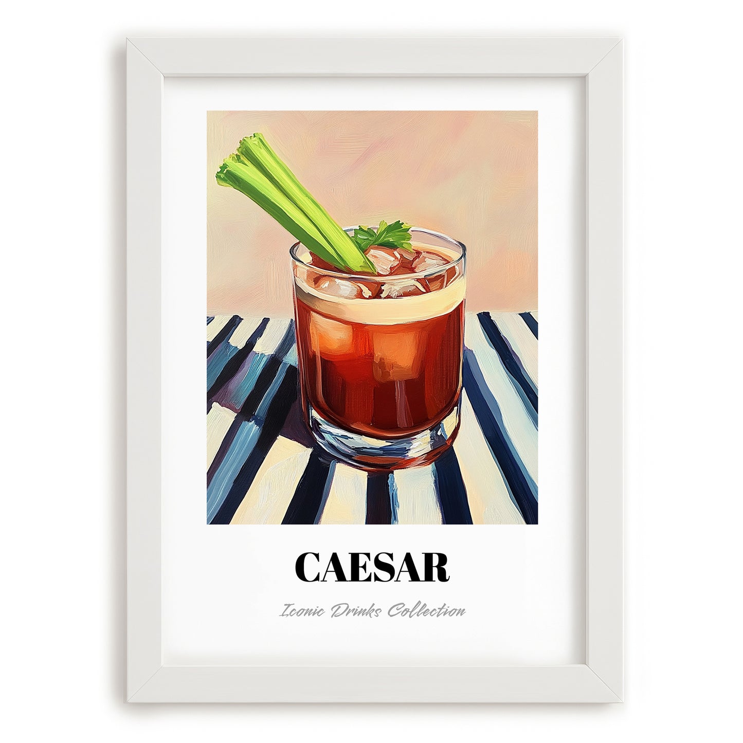 Caesar – on Striped Tablecloth, Canadian Whiskey Still Life, placed in minimal white frame