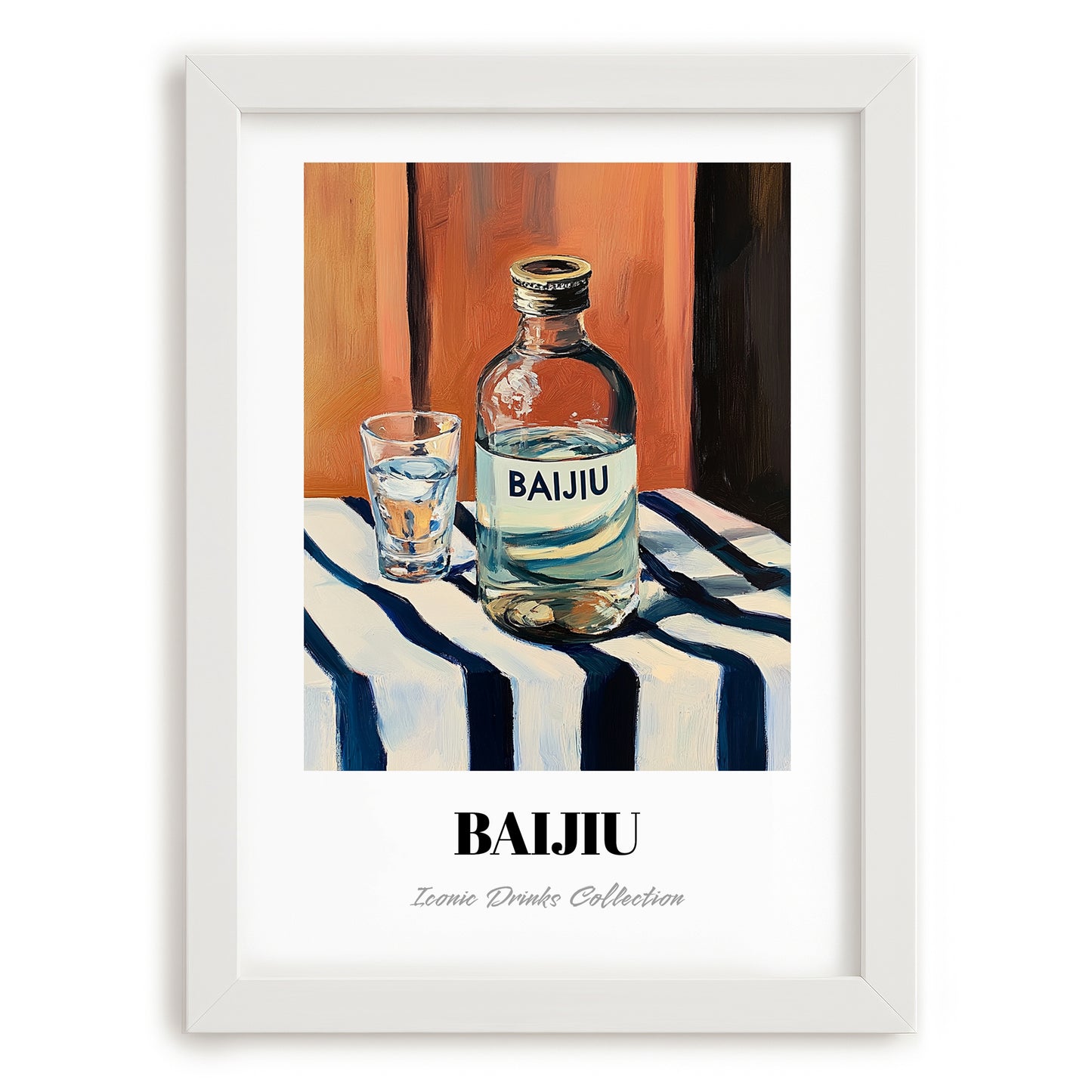 Pu-erh Tea – on Striped Tablecloth, Chinese Spirit Painting, placed in minimal white frame