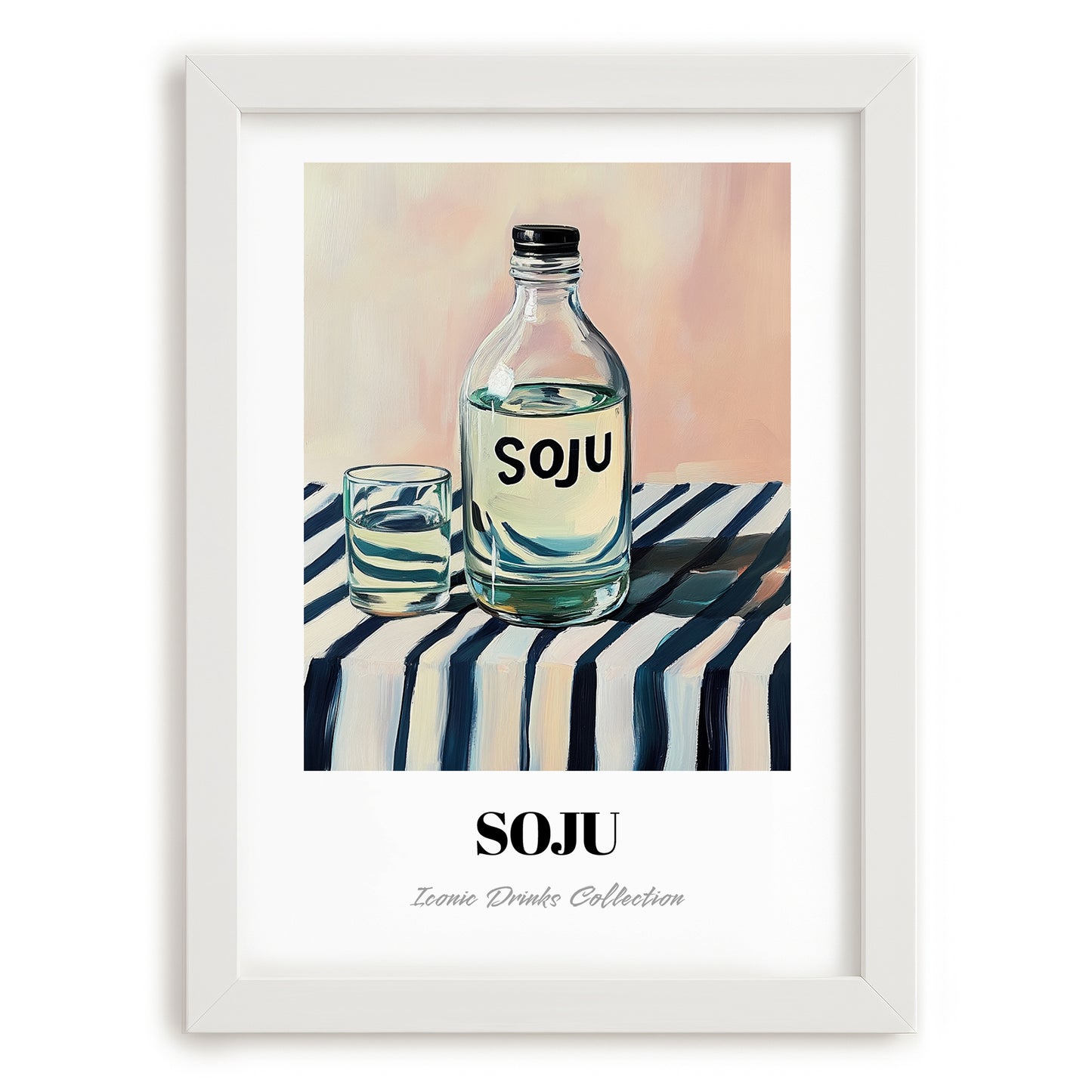 Soju – on Striped Tablecloth, Korean Spirit Painting, placed in minimal white frame
