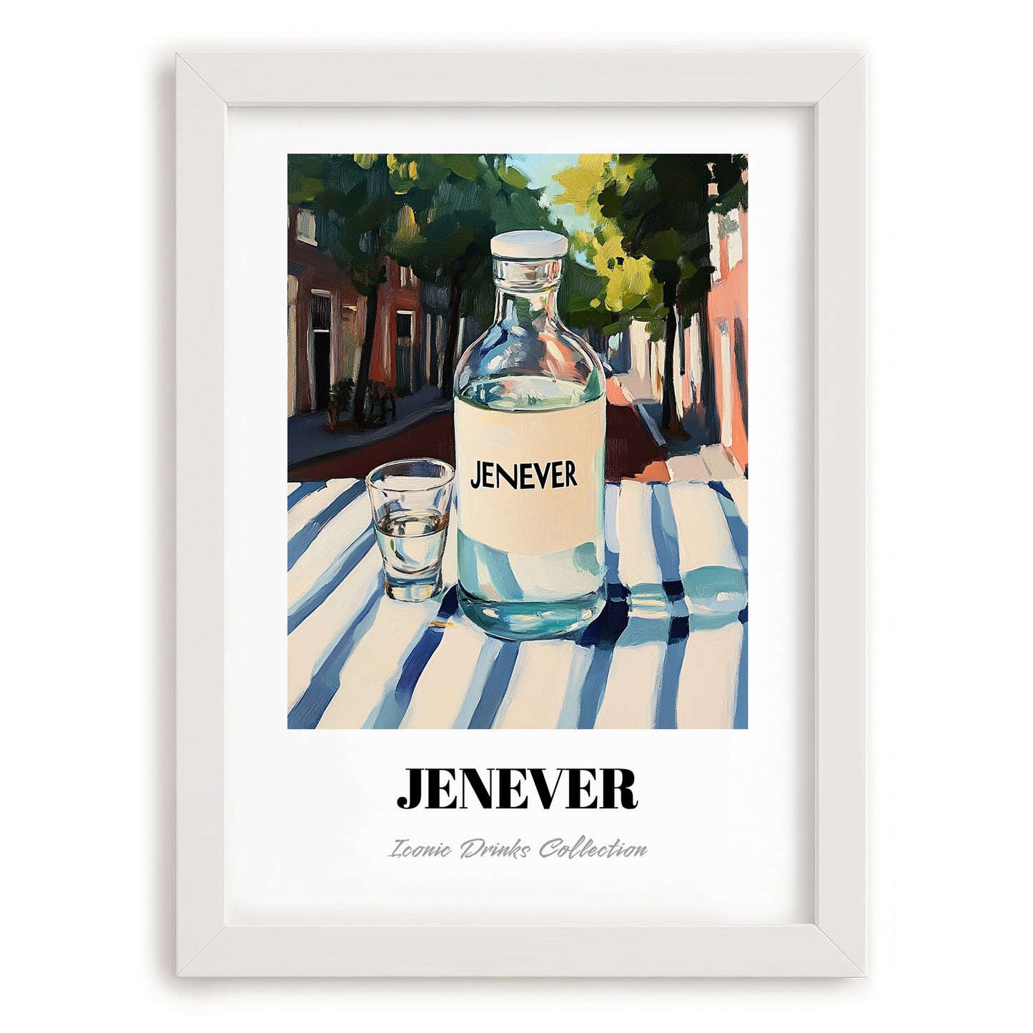 Jenever – Dutch Café on the Corner, Dutch Spirit Poster, placed in minimal white frame