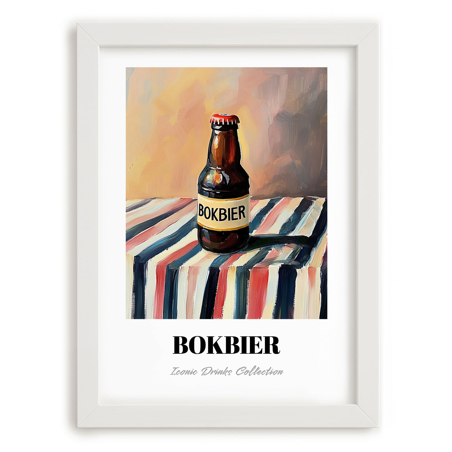Bokbier – on Striped Tablecloth, Dutch Beer Painting, placed in minimal white frame