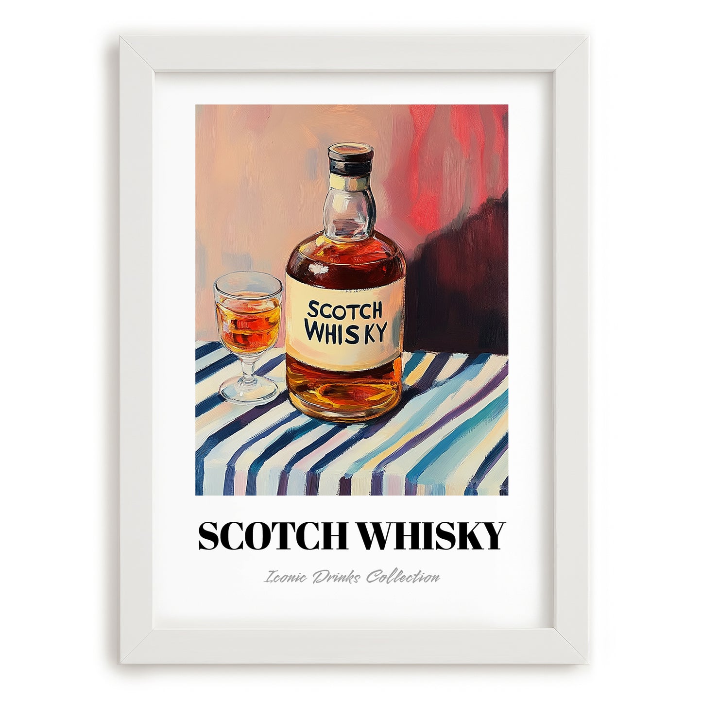 Scotch Whisky – on Striped Tablecloth, Scottish Beer Wall Decor, placed in minimal white frame