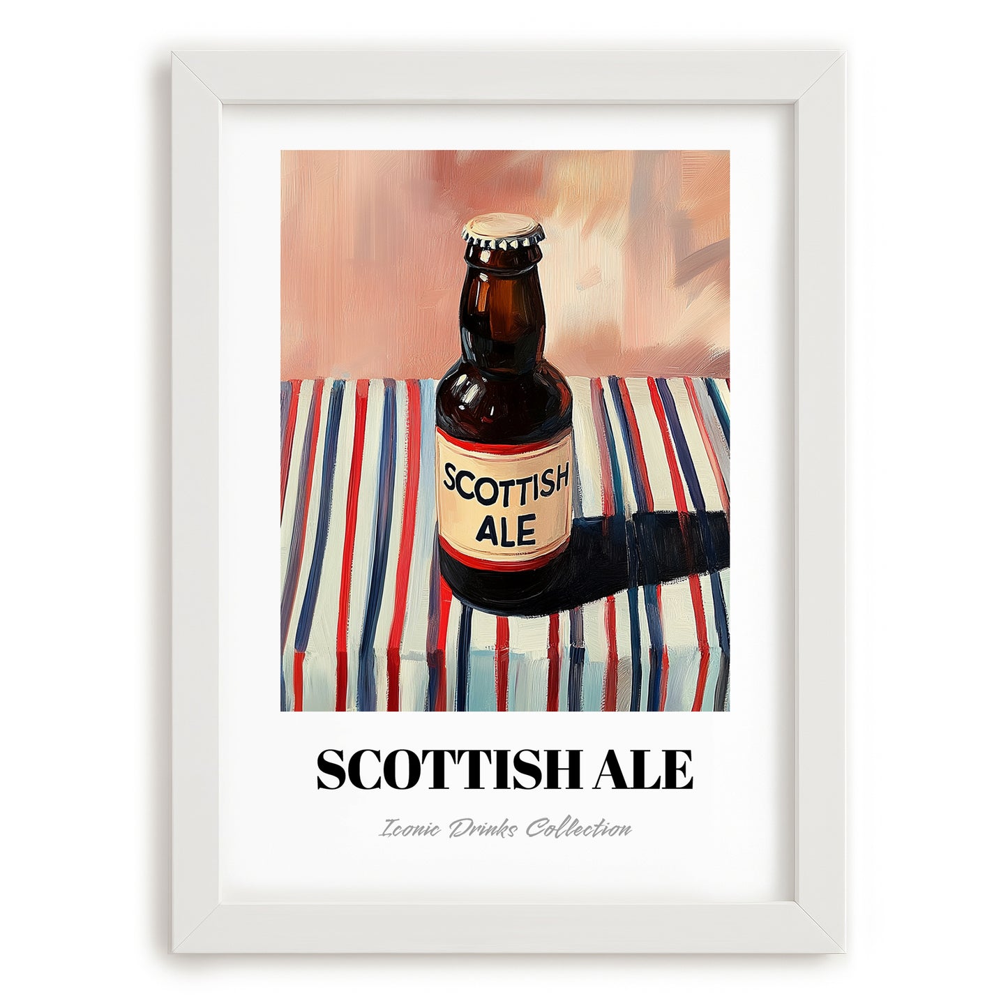 Scottish Ale – on Striped Tablecloth, Scottish Beer Illustration, placed in minimal white frame