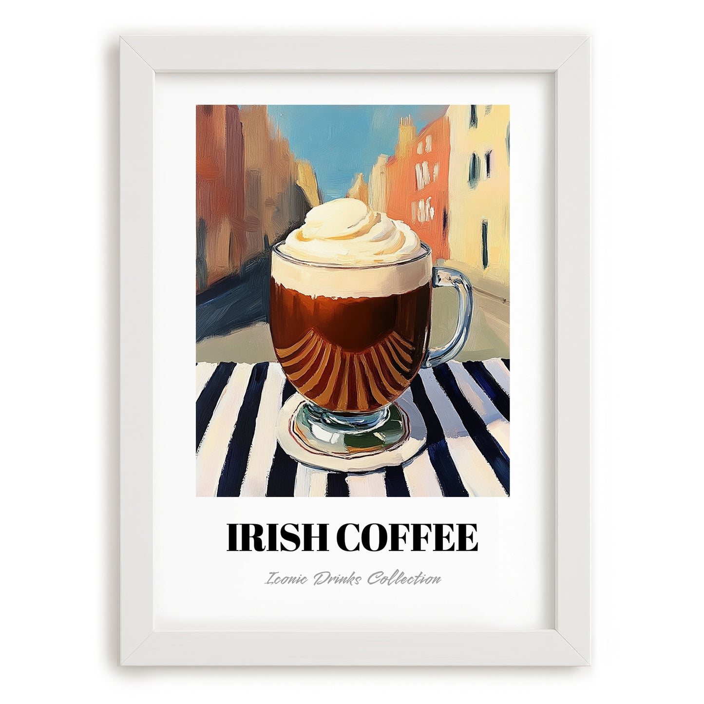 Irish Coffee – Irish Outdoor Café Scene, Irish Beverage Painting, placed in minimal white frame