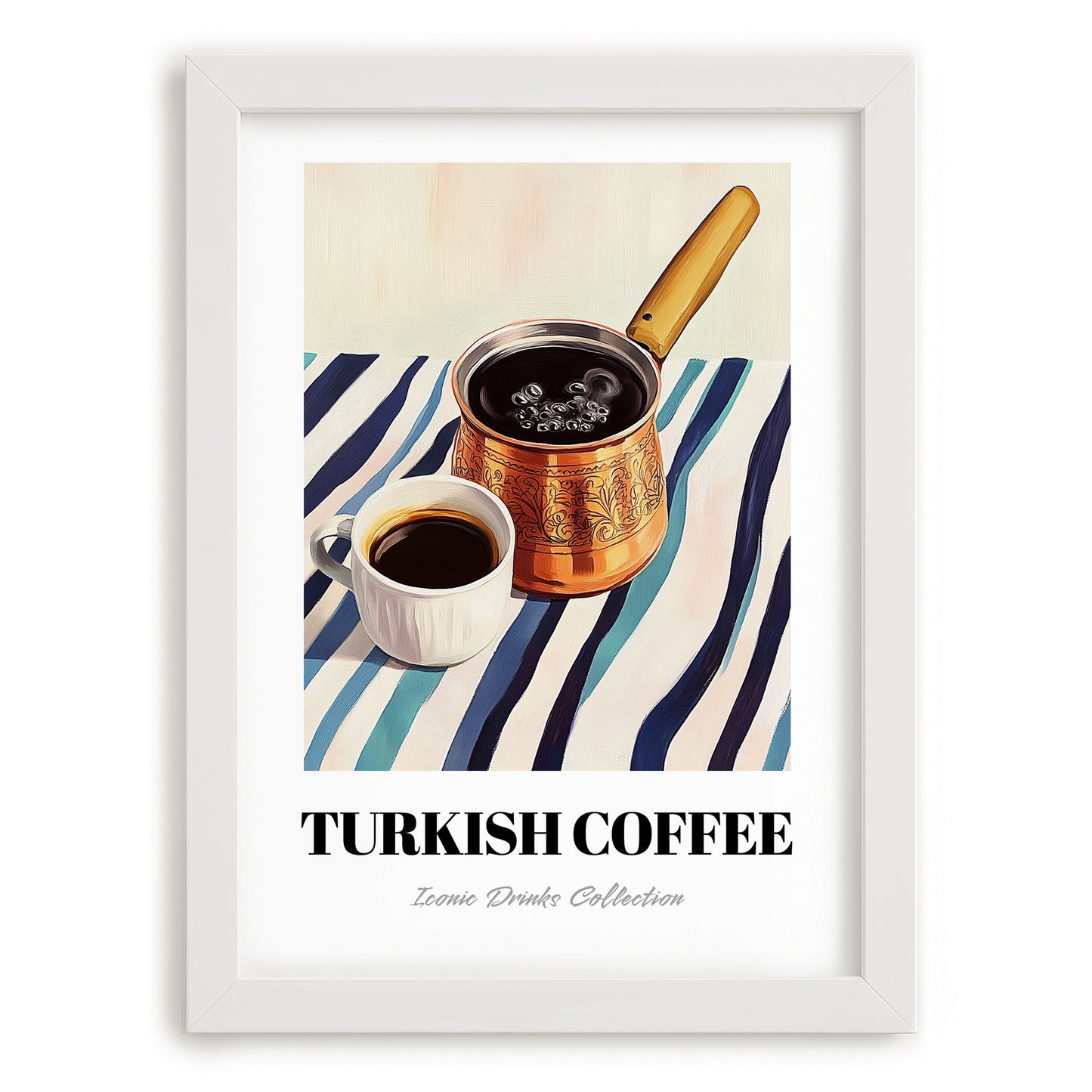 Turkish Coffee – on Striped Tablecloth, Türk Kahvesi Still Life, placed in minimal white frame