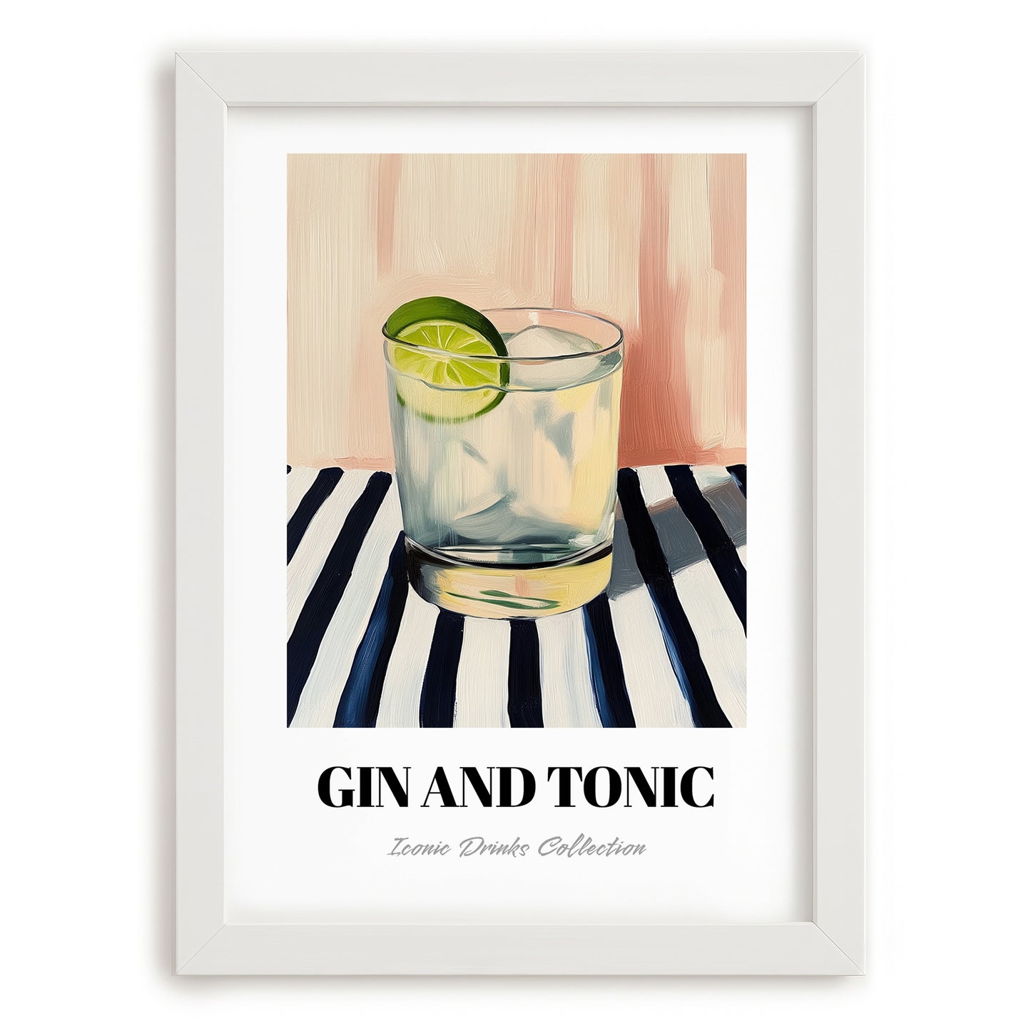 Gin And Tonic – on Striped Tablecloth, English Cocktail Painting, placed in minimal white frame