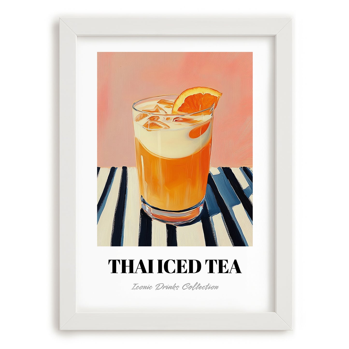 Thai Iced Tea – on Striped Tablecloth, Thai Beverage Still Life, placed in minimal white frame
