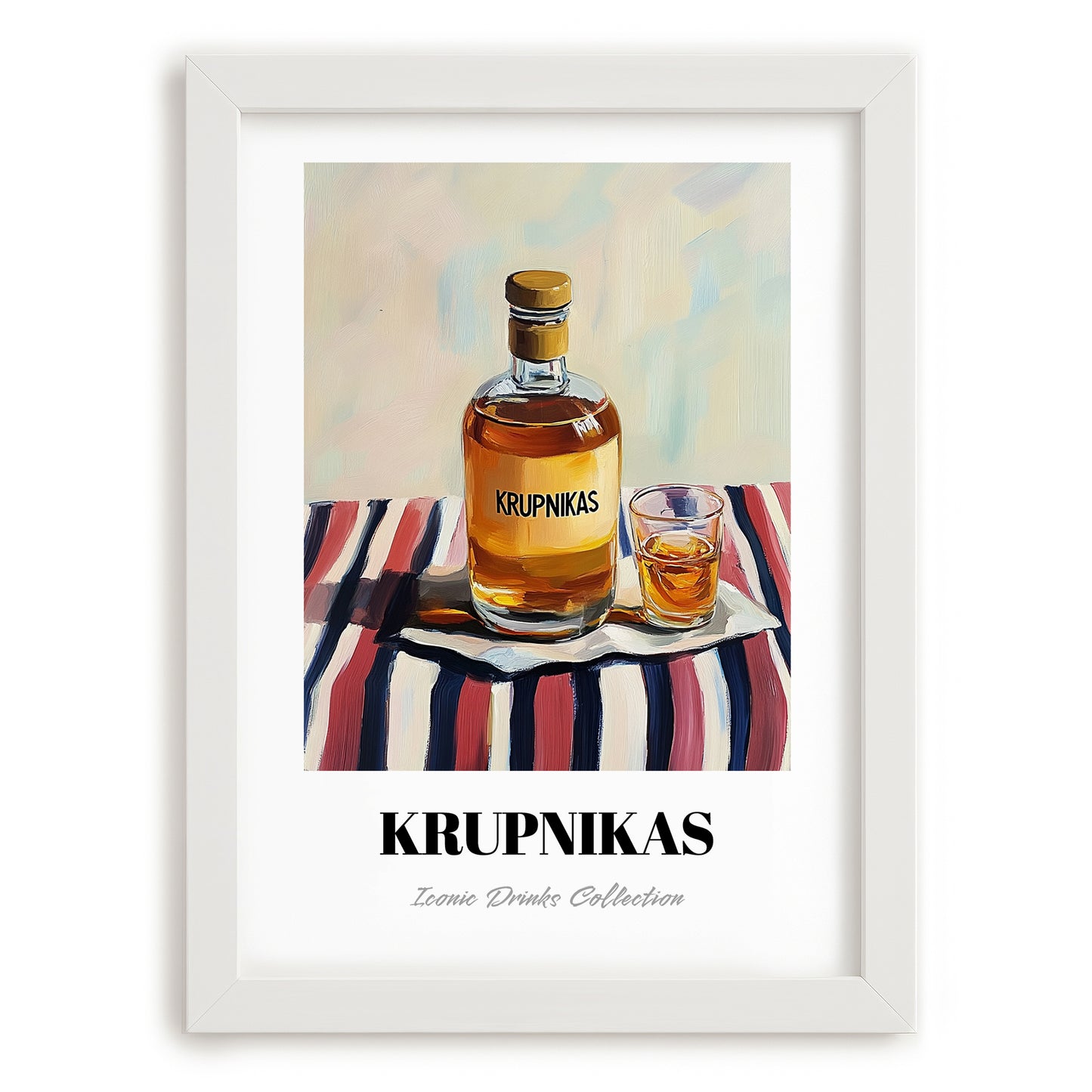 Krupnikas – on Striped Tablecloth, Lithuanian Beverage Painting, placed in minimal white frame