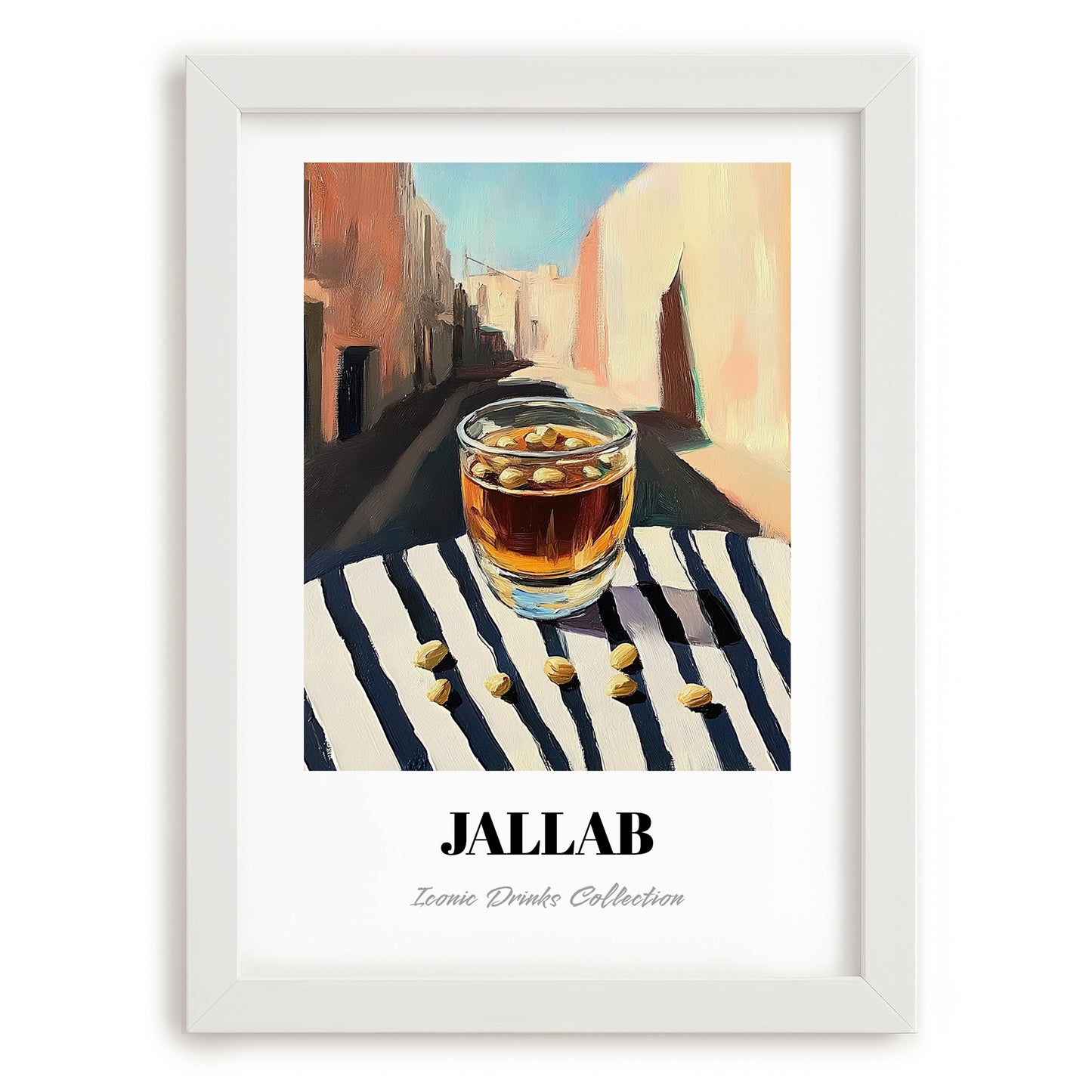 Jallab – Syrian Street Café Scene, Syrian Beverage Wall Decor, placed in minimal white frame
