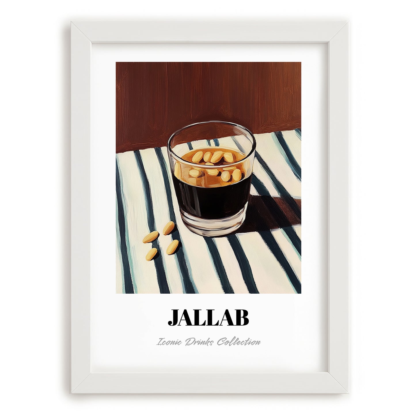 Jallab – on Striped Tablecloth, Syrian Coffee Wall Art, placed in minimal white frame