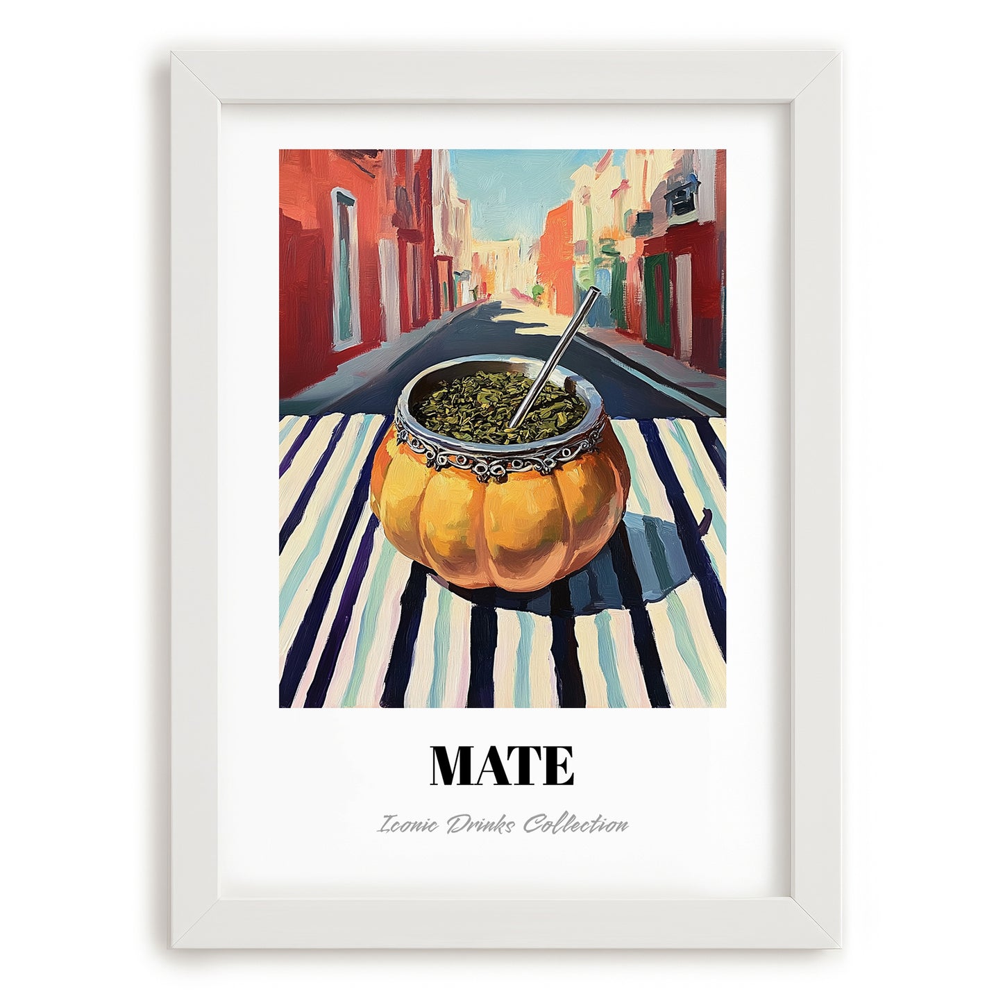 Maté – Uruguayan Street Café Scene, Uruguayan Beverage Poster, placed in minimal white frame