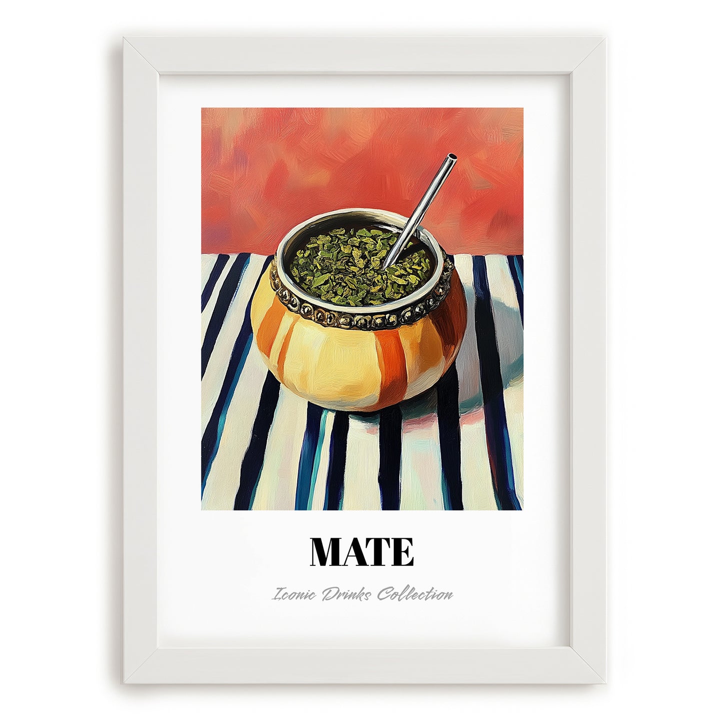 Maté – on Striped Tablecloth, Uruguayan Cocktail Painting, placed in minimal white frame