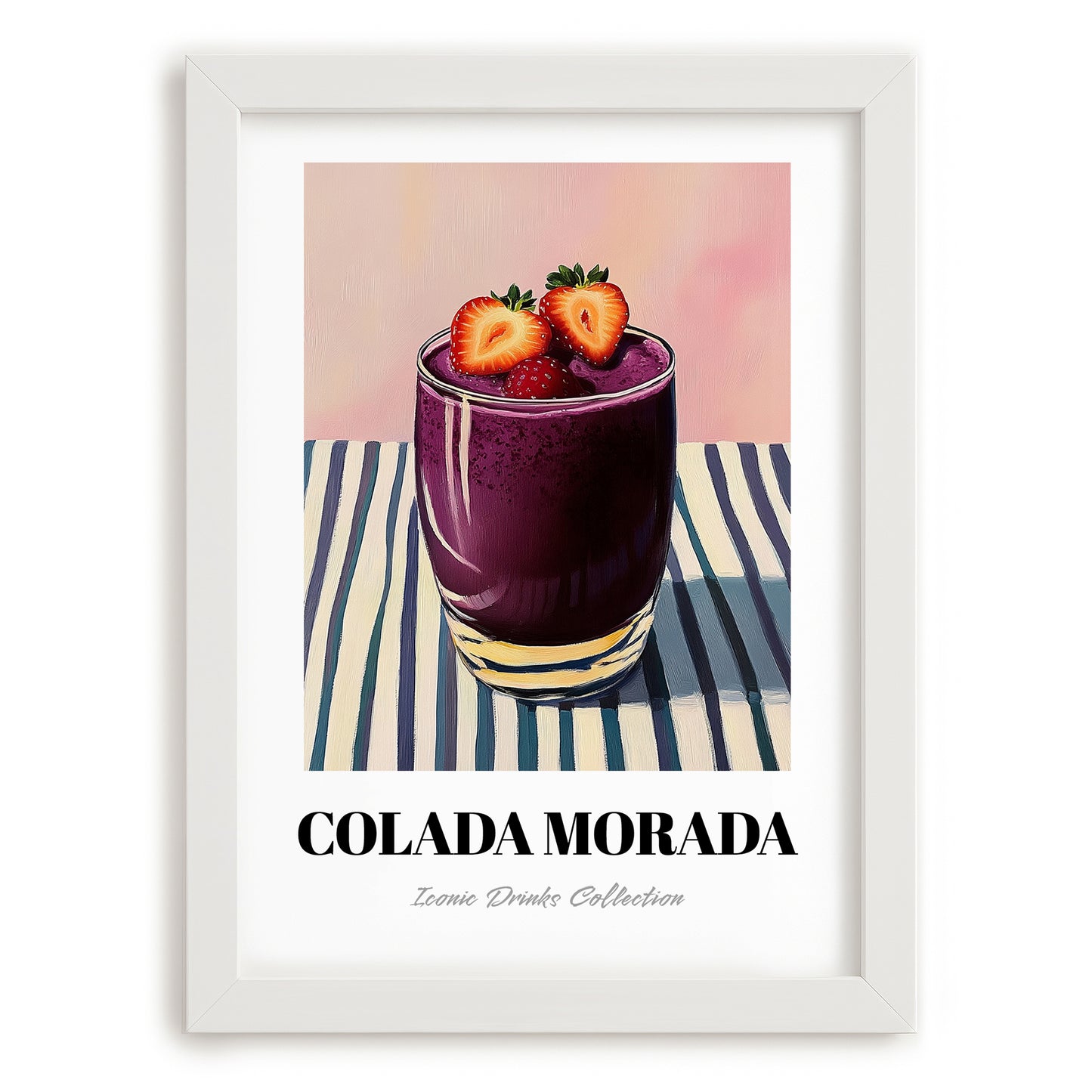 Colada Morada – on Striped Tablecloth, Ecuadorian Beverage Painting, placed in minimal white frame