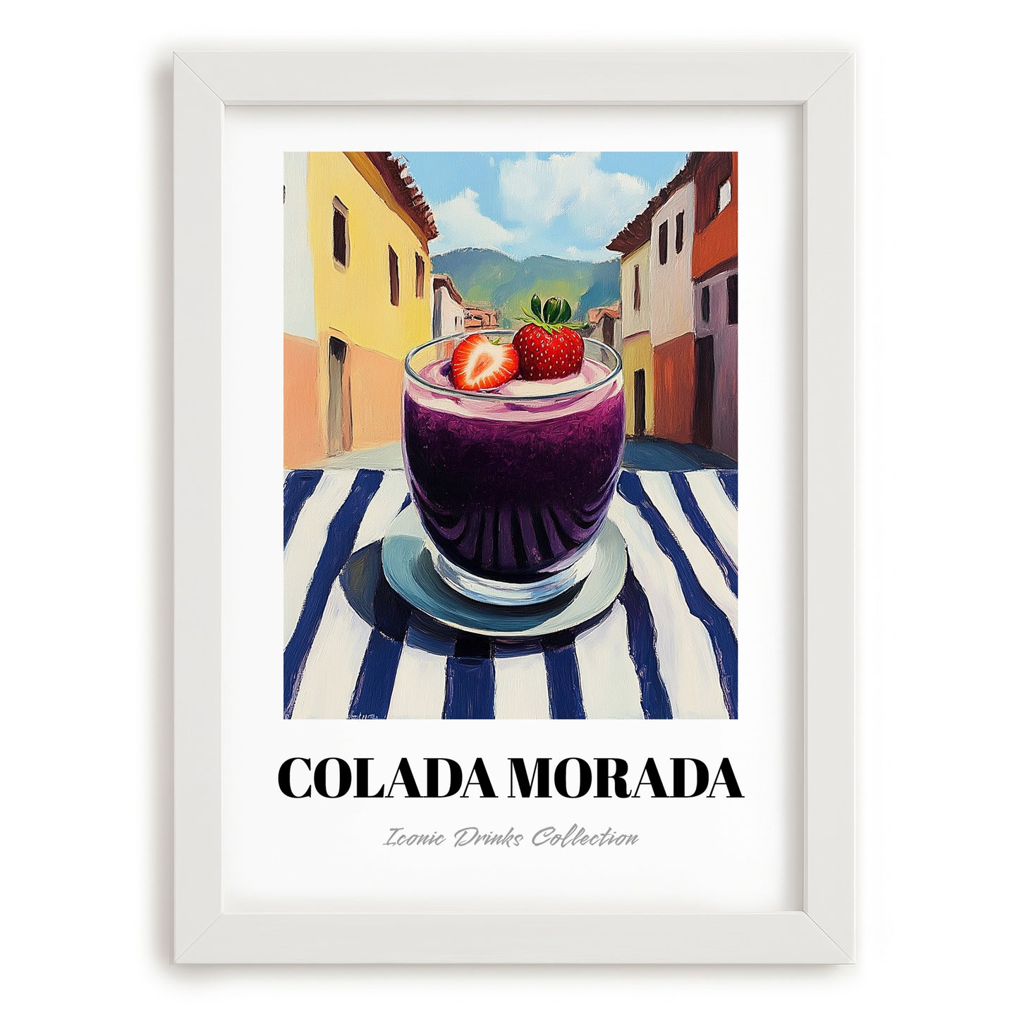 Colada Morada – Ecuadorian Outdoor Café Scene, Ecuadorian Beverage Still Life, placed in minimal white frame