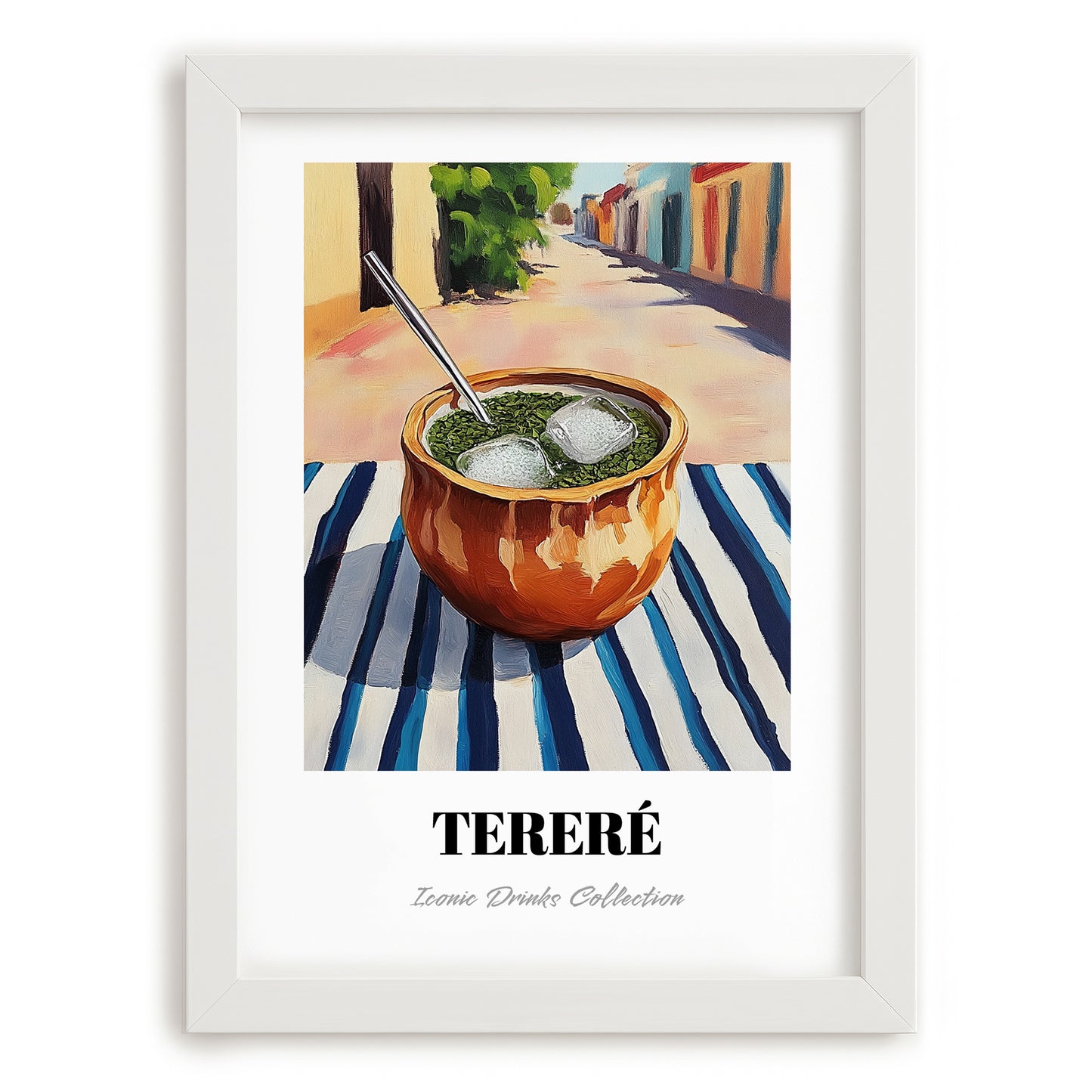 Tereré – Paraguayan Outdoor Café Scene, Paraguayan Beverage Still Life, placed in minimal white frame