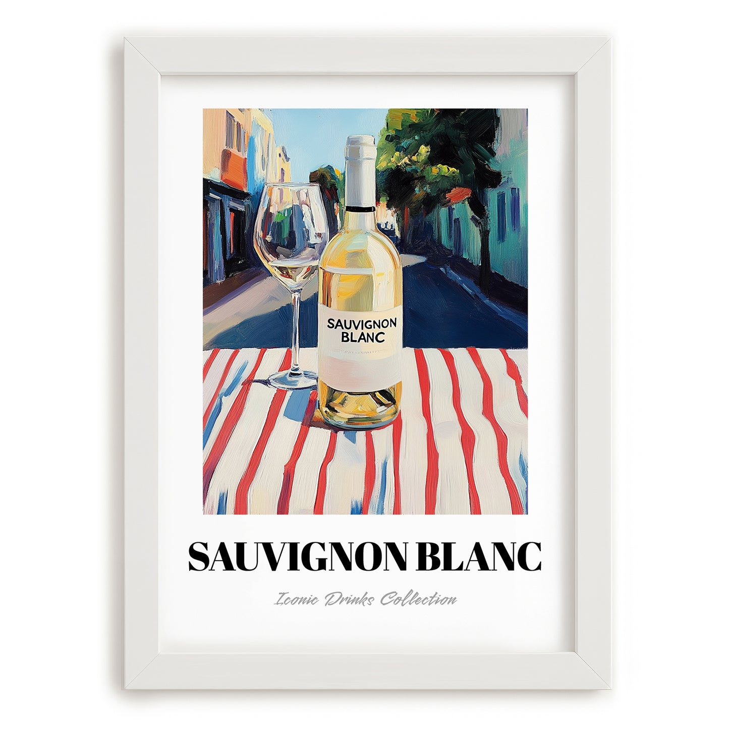 Sauvignon Blanc – New Zealander Outdoor Café Scene, New Zealander Wine Poster, placed in minimal white frame