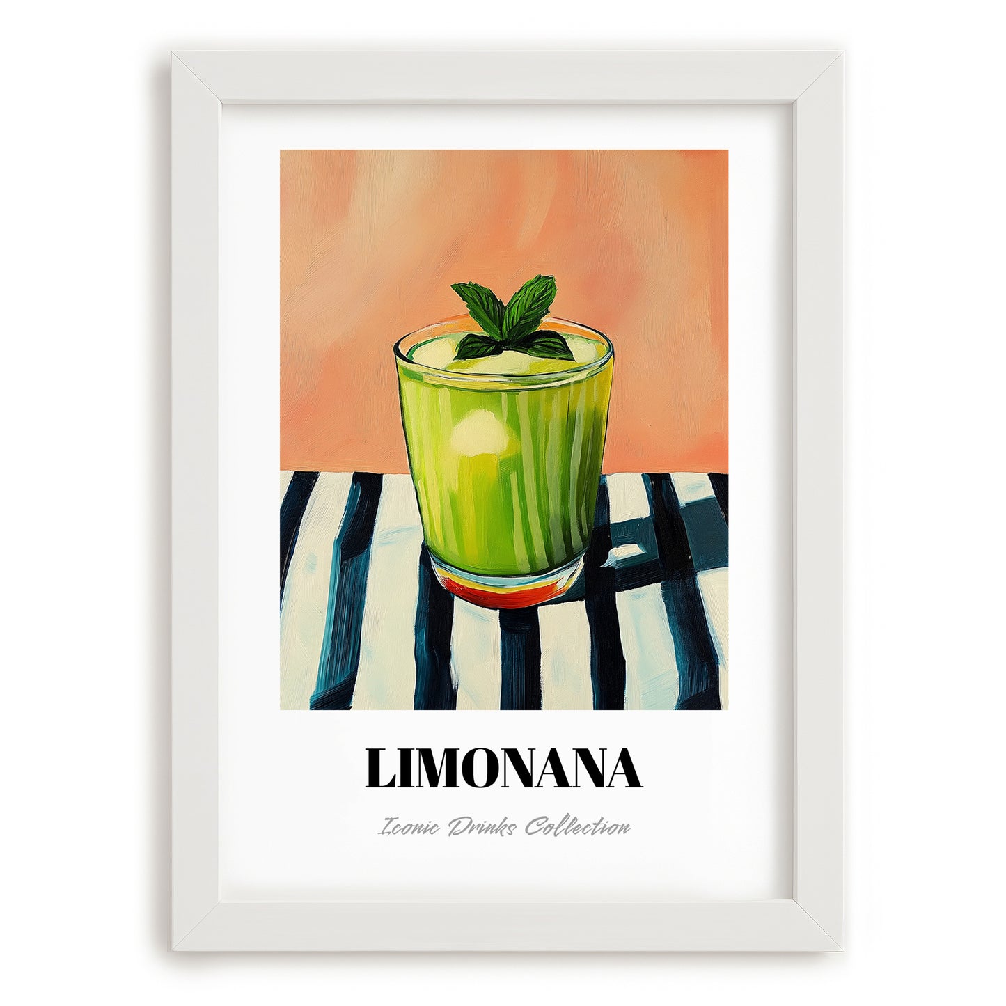 Limonana – on Striped Tablecloth, Israeli Lemonade Still Life, placed in minimal white frame