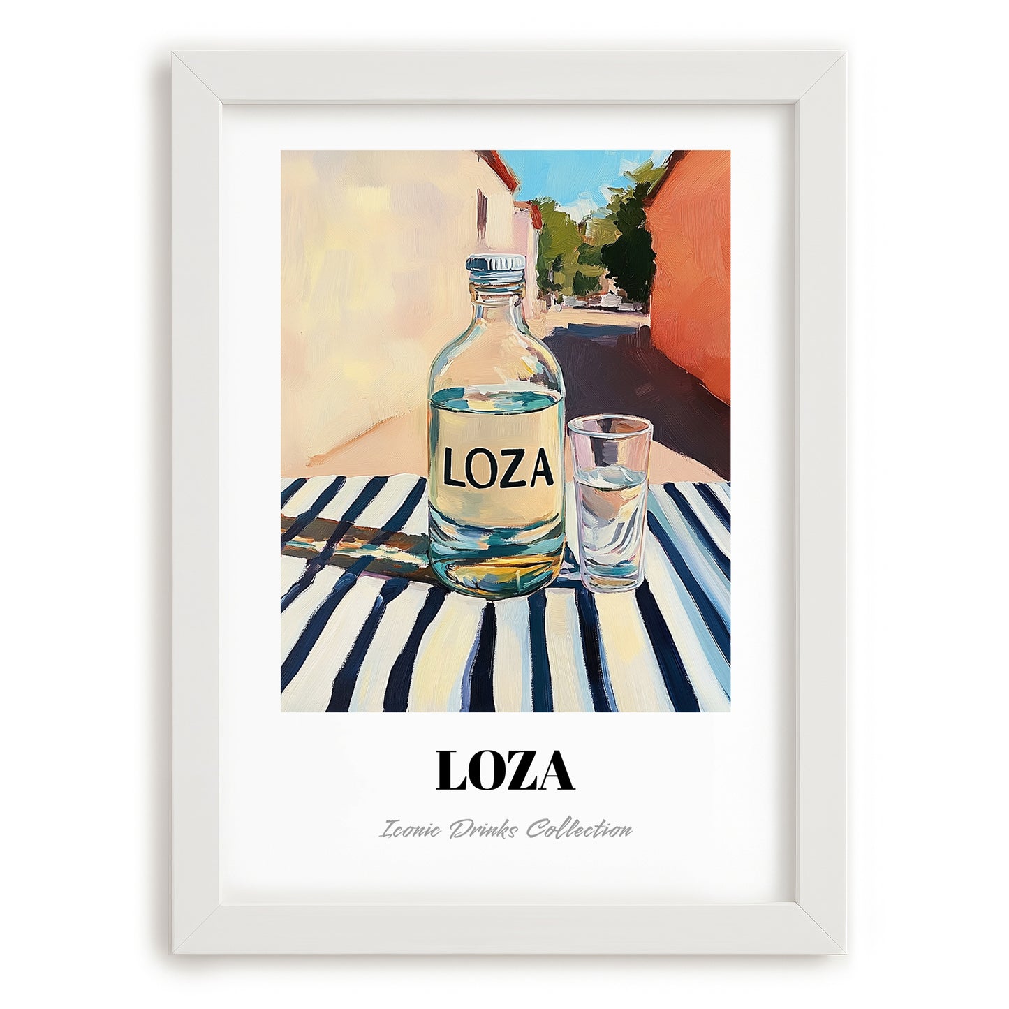 Loza – Montenegrin Outdoor Café Scene, Montenegrin Spirit Art, placed in minimal white frame
