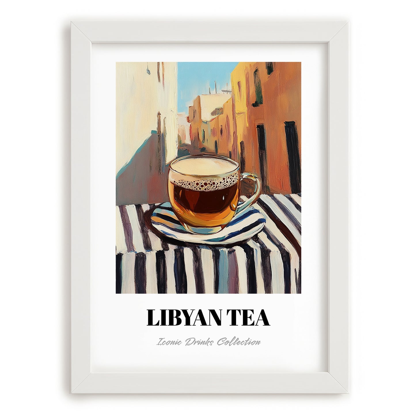Libyan Tea – Libyan Outdoor Café Scene, Libyan Cocktail Wall Art, placed in minimal white frame