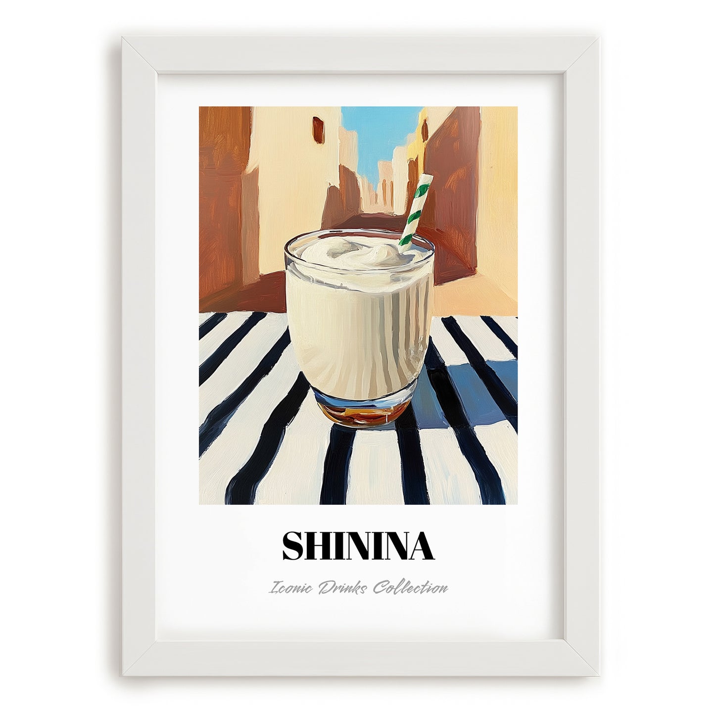 Shinina – Iraqi Urban Café Scene, Iraqi Beverage Painting, placed in minimal white frame