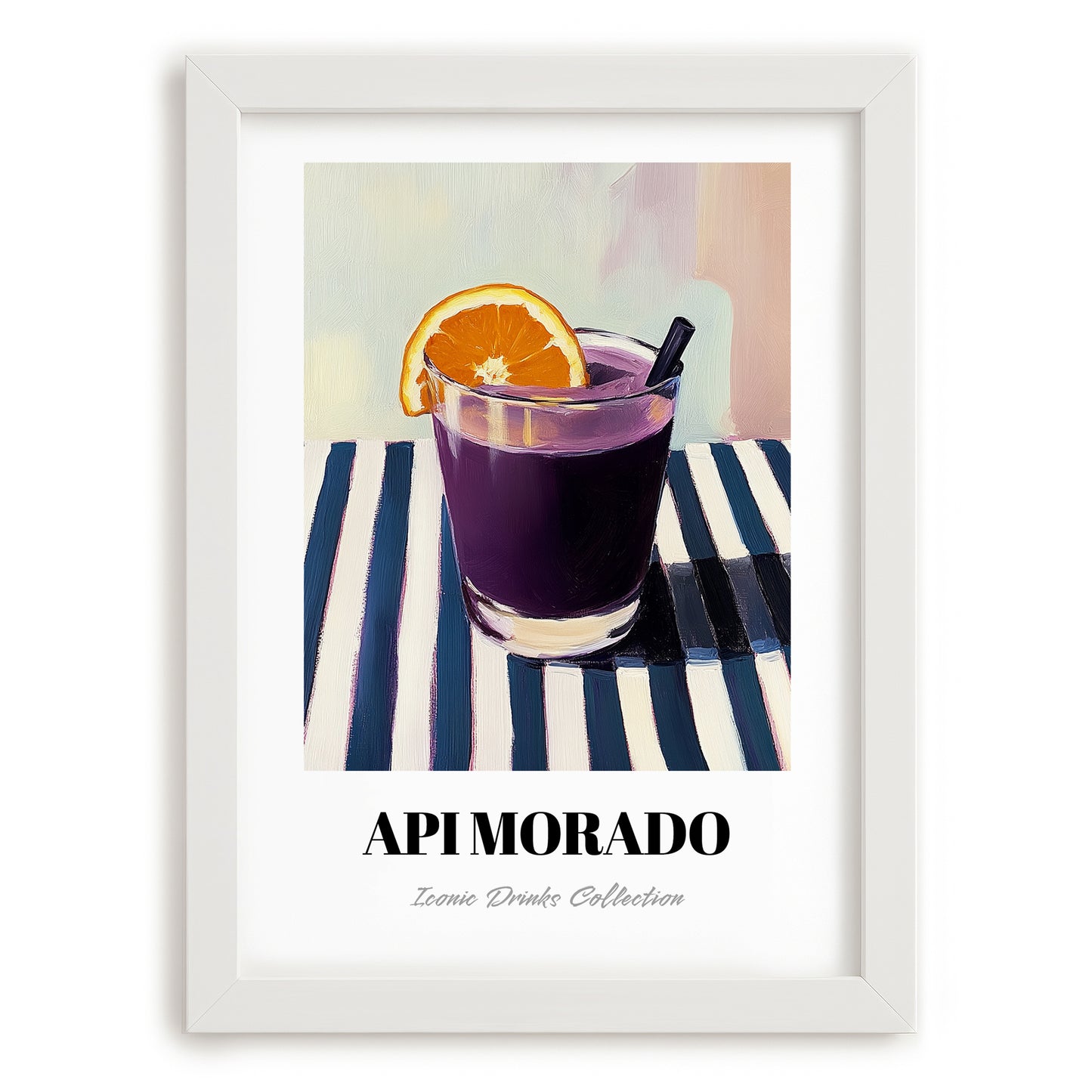 Api Morado – on Striped Tablecloth, Bolivian Beverage Print, placed in minimal white frame