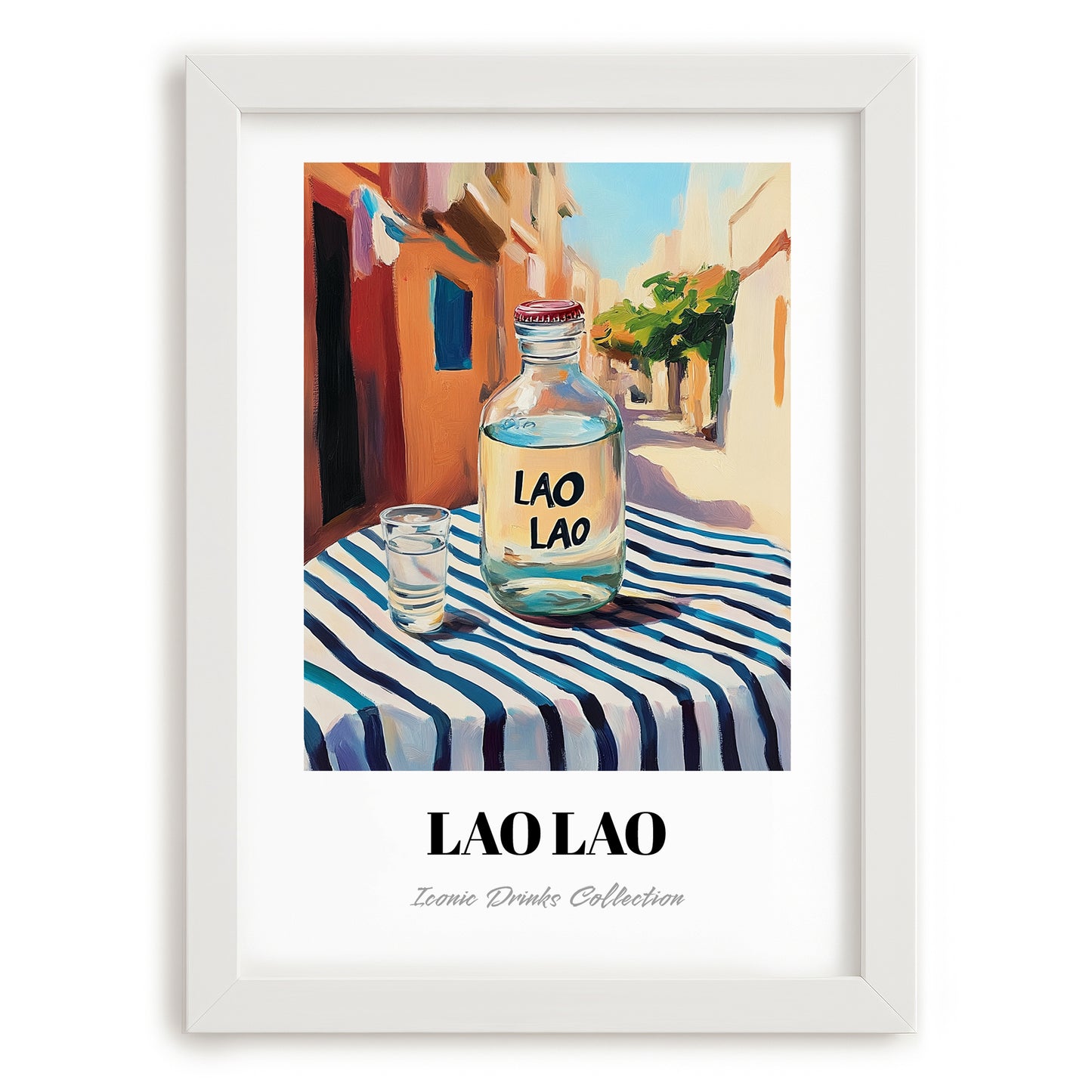 Lao Lao – Laos Urban Café Scene, Laos Wine Illustration, placed in minimal white frame