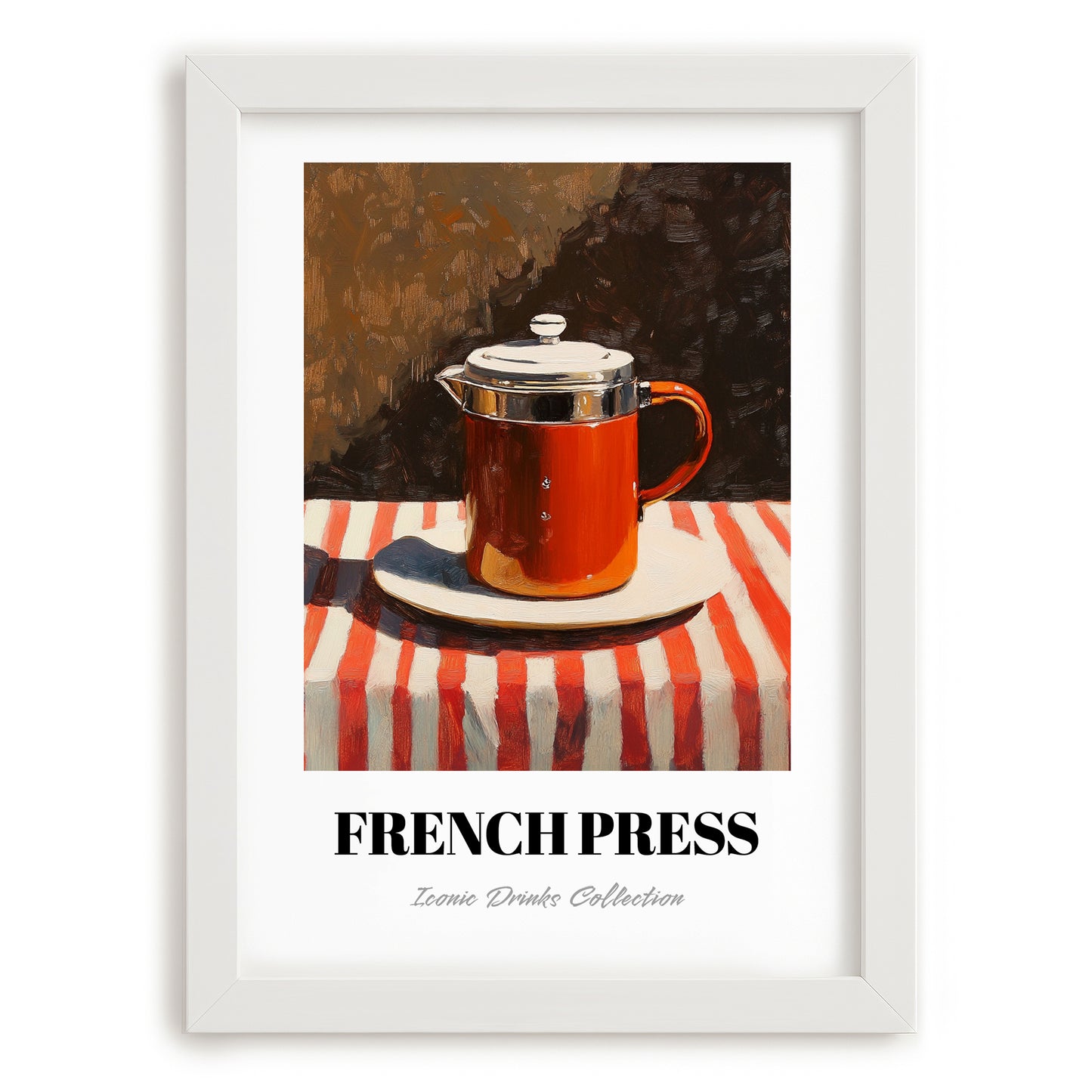 French Press – on Striped Tablecloth, Kitchen Utensils Print, placed in minimal white frame