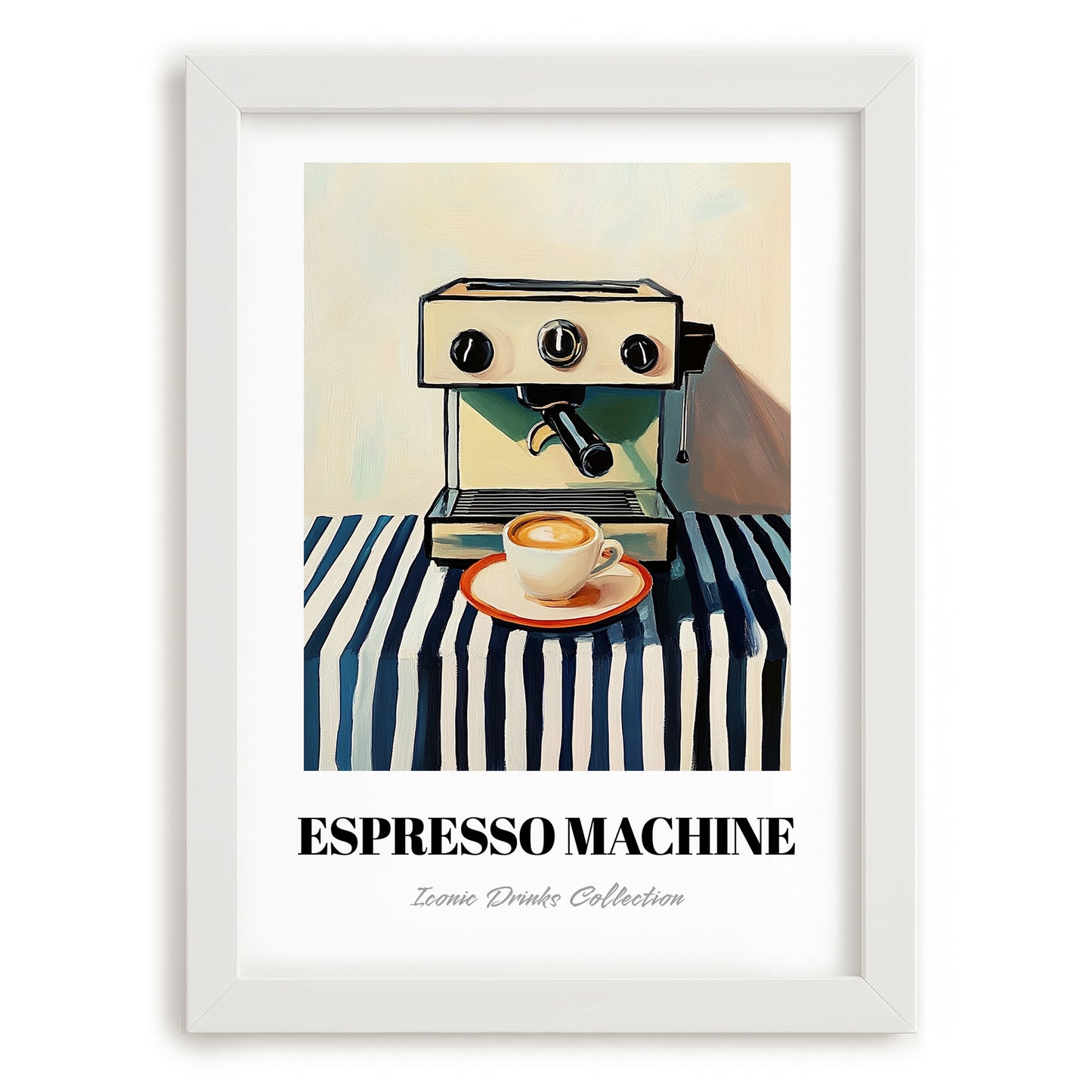 Espresso Machine – on Striped Tablecloth, Kitchen Utensils Wall Decor, placed in minimal white frame