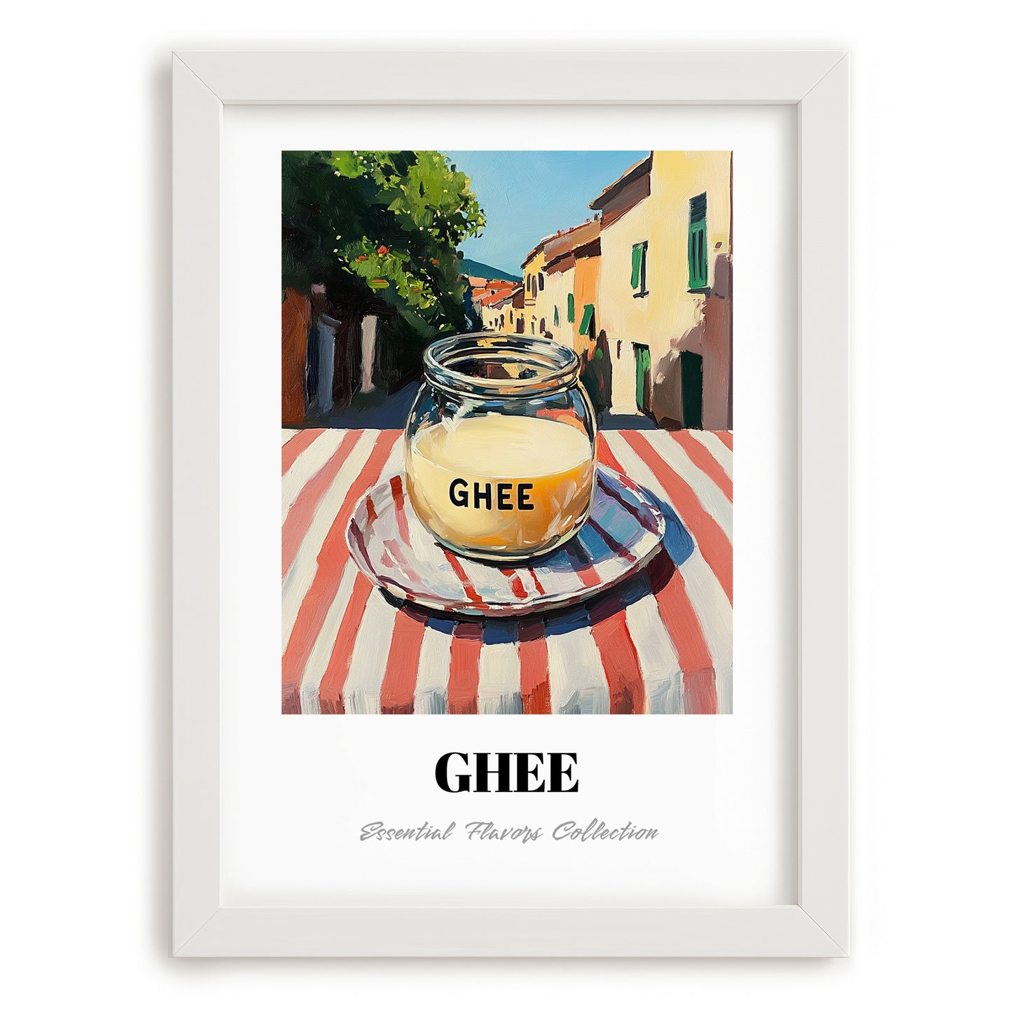 Ghee – Italian Street Café Scene, Pantry Painting, placed in minimal white frame