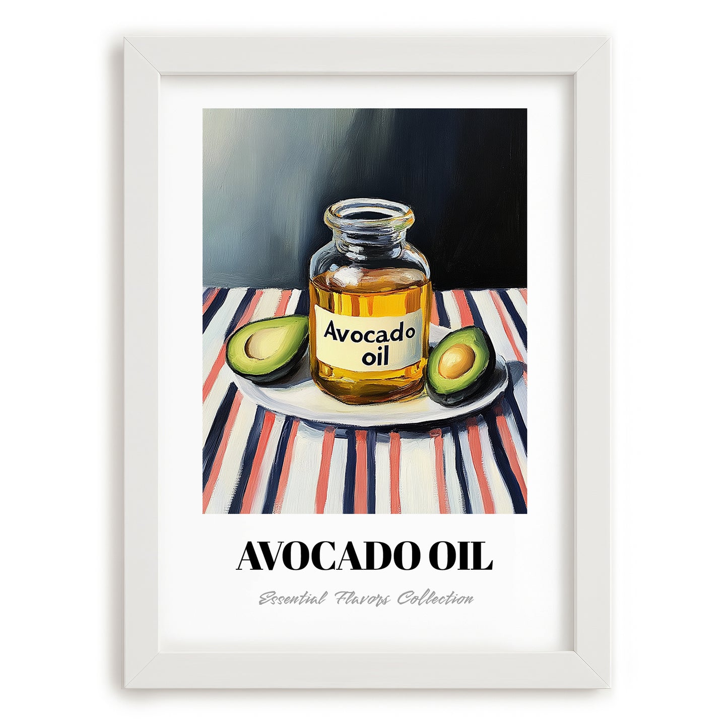 Avocado Oil – on Striped Tablecloth, Pantry Wall Art, placed in minimal white frame