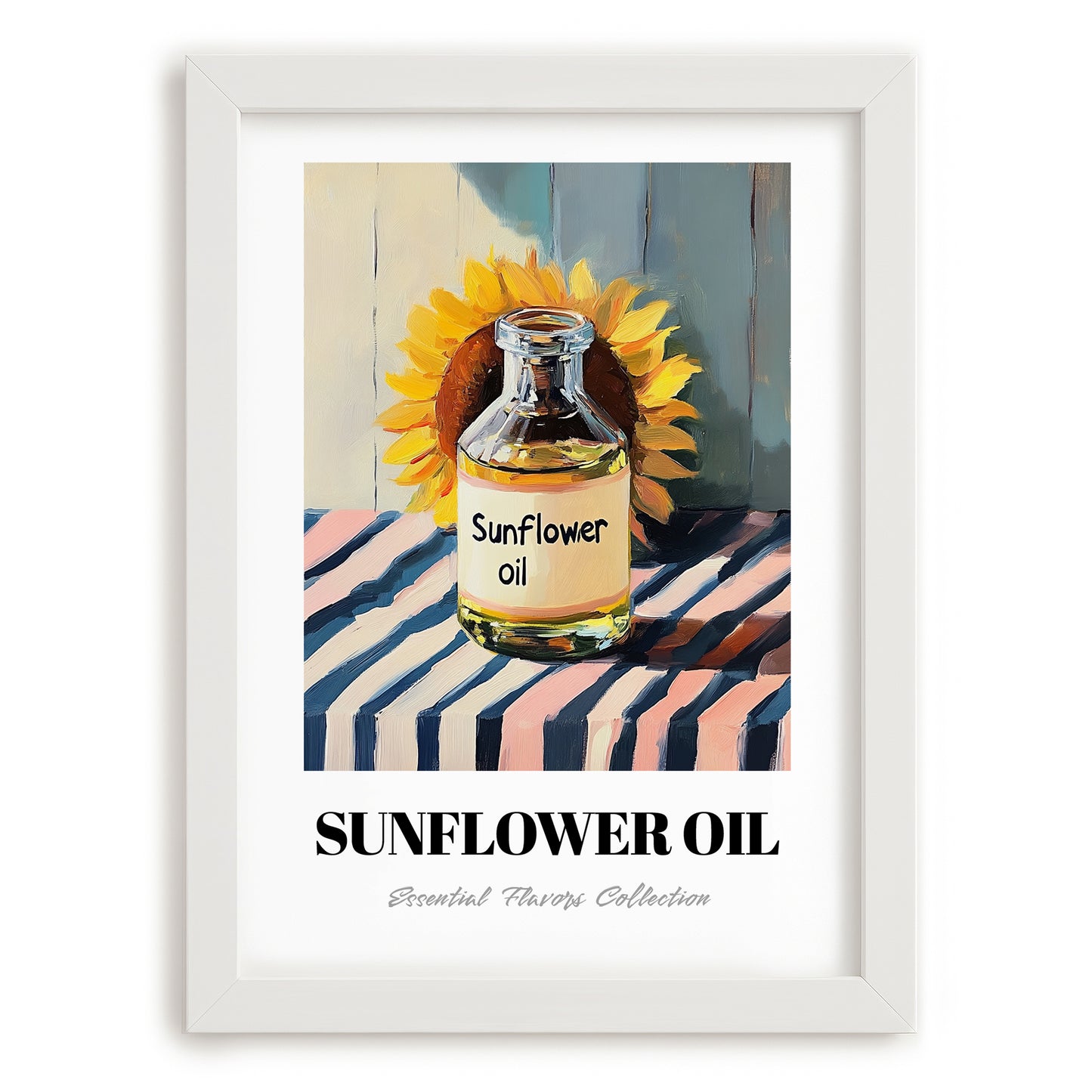 Sunflower Oil – on Striped Tablecloth, Pantry Wall Art, placed in minimal white frame