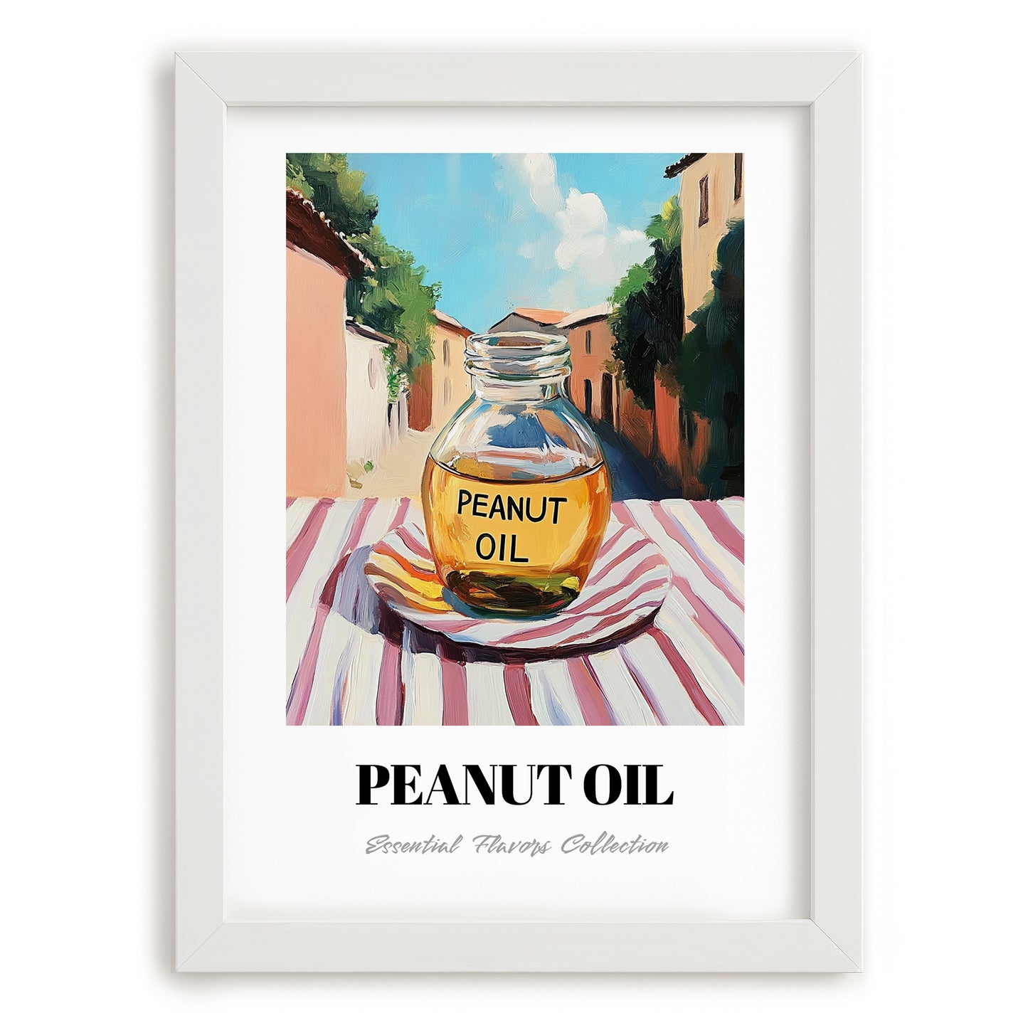 Peanut Oil – Italian Street Café Scene, Pantry Wall Art, placed in minimal white frame