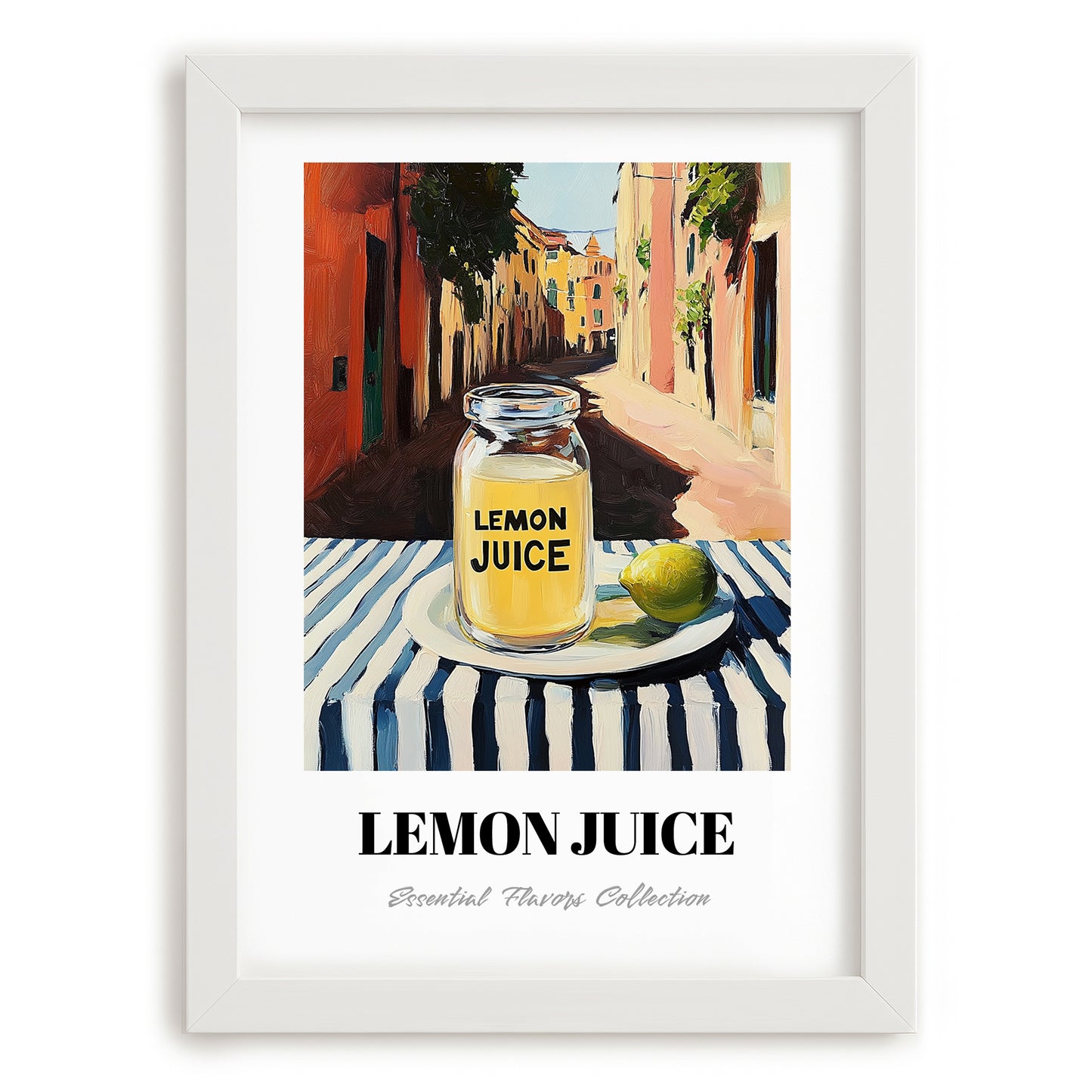 Lemon Juice – Italian Café on the Corner, Grocery Painting, placed in minimal white frame