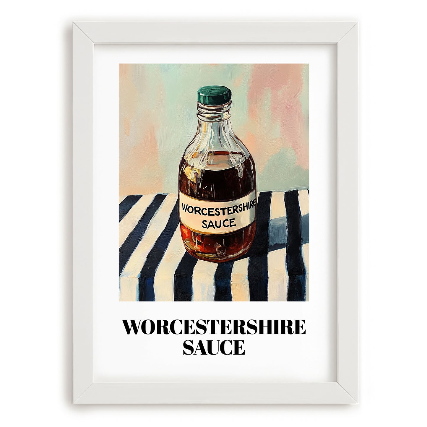 Worcestershire Sauce – on Striped Tablecloth, Grocery Still Life, placed in minimal white frame