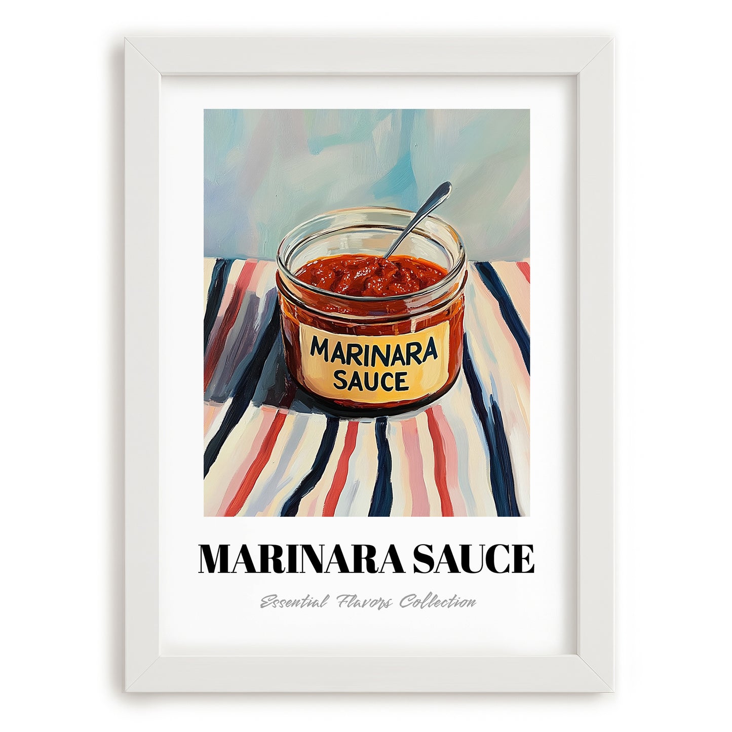 Marinara Sauce – on Striped Tablecloth, Grocery Wall Painting, placed in minimal white frame