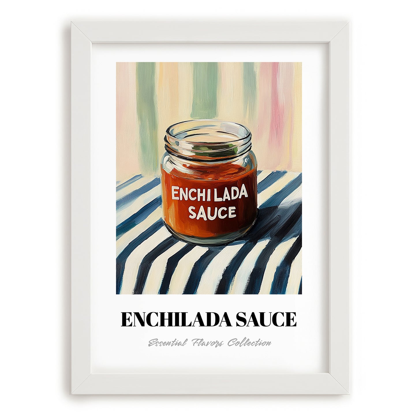 Enchilada Sauce – on Striped Tablecloth, Grocery Still Life, placed in minimal white frame