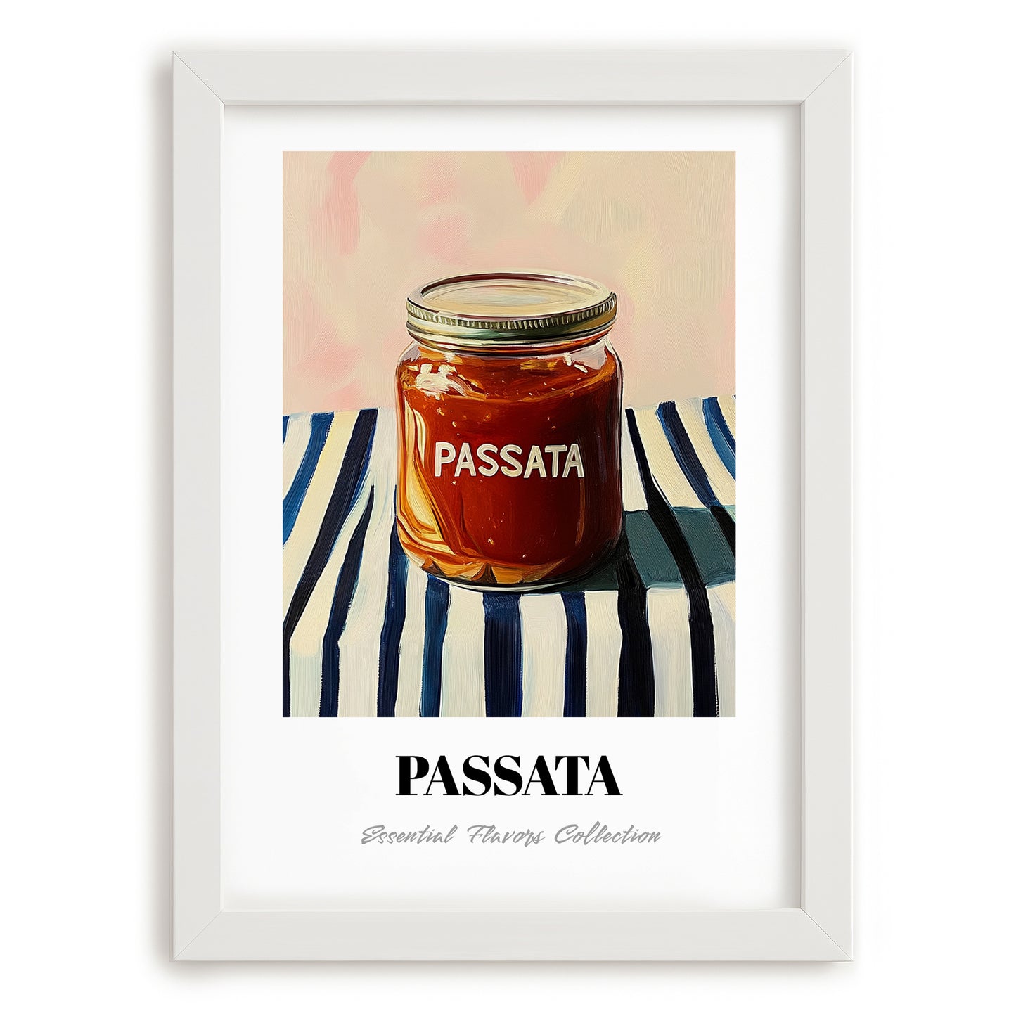 Passata – on Striped Tablecloth, Food Shelf Poster, placed in minimal white frame