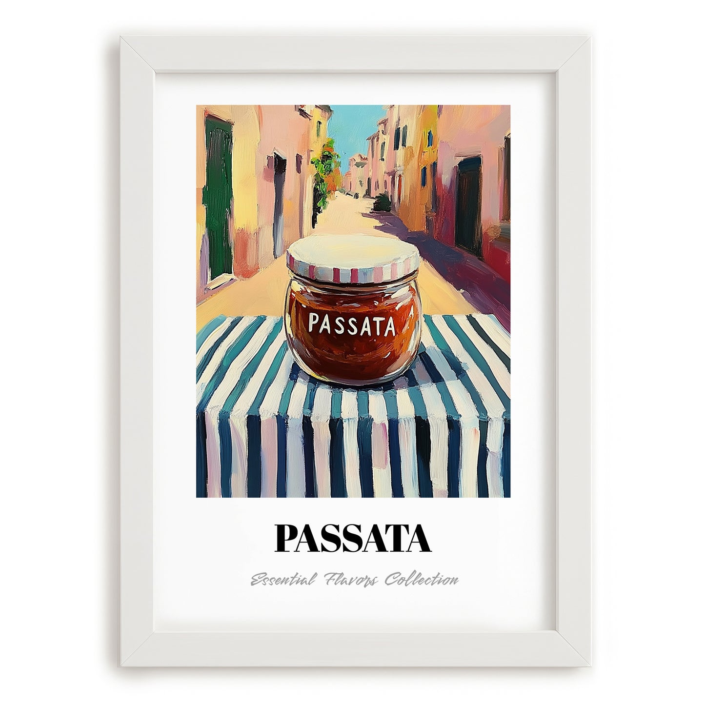 Passata – Italian Street Café Scene, Ingredients Corner Poster, placed in minimal white frame
