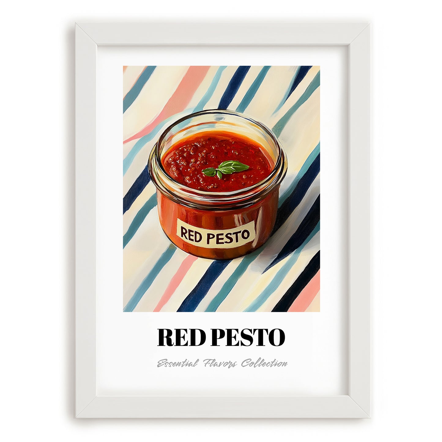 Red Pesto – on Striped Tablecloth, Larder Still Life, placed in minimal white frame