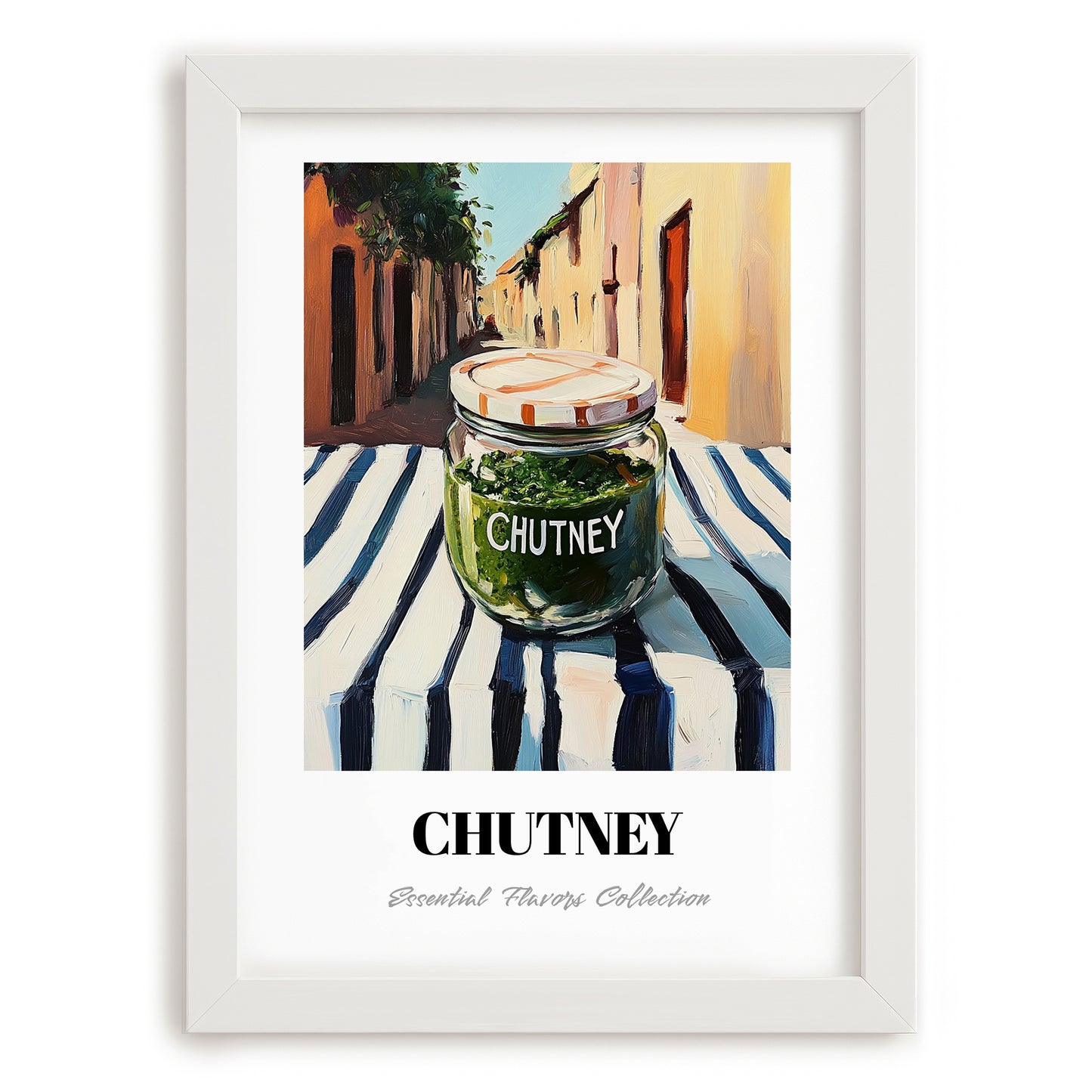 Chutney – Italian Café on the Corner, Food Shelf Illustration, placed in minimal white frame