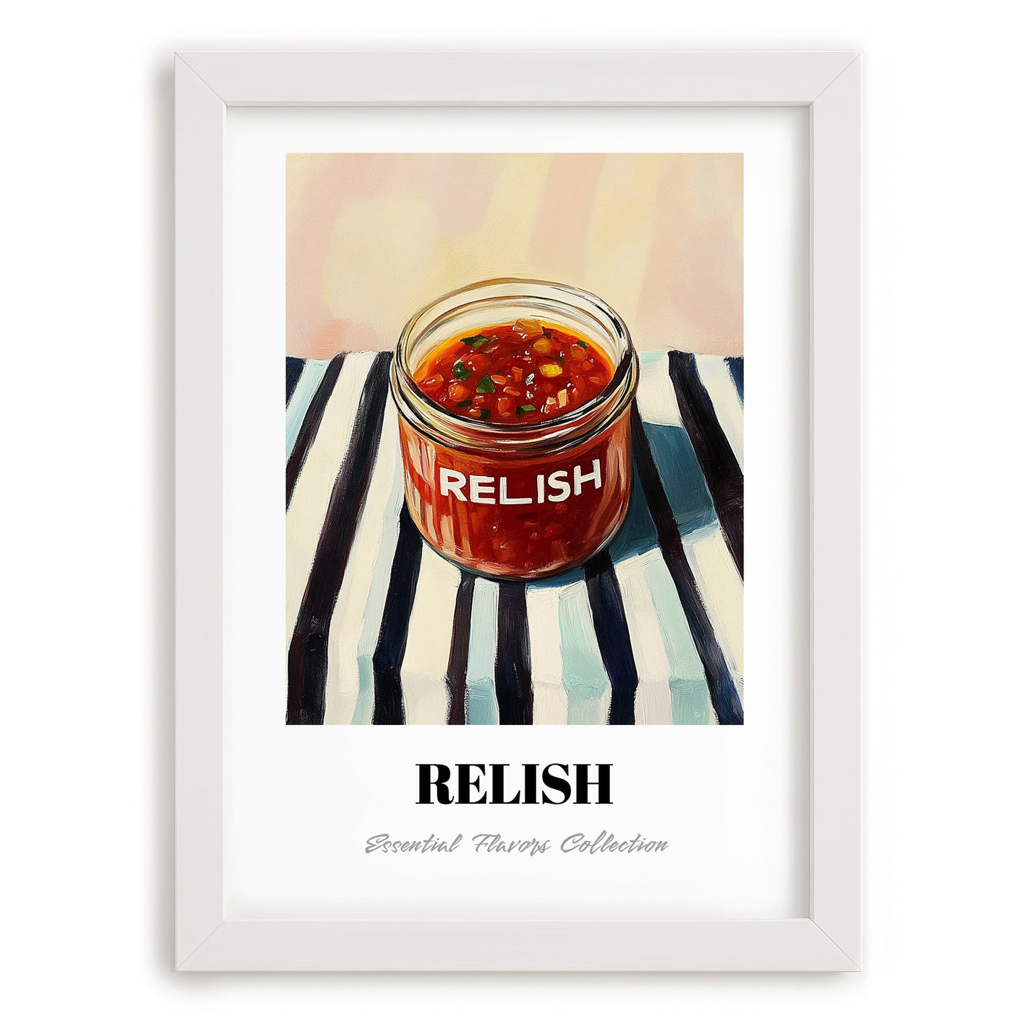 Relish – on Striped Tablecloth, Dry Goods Illustration, placed in minimal white frame