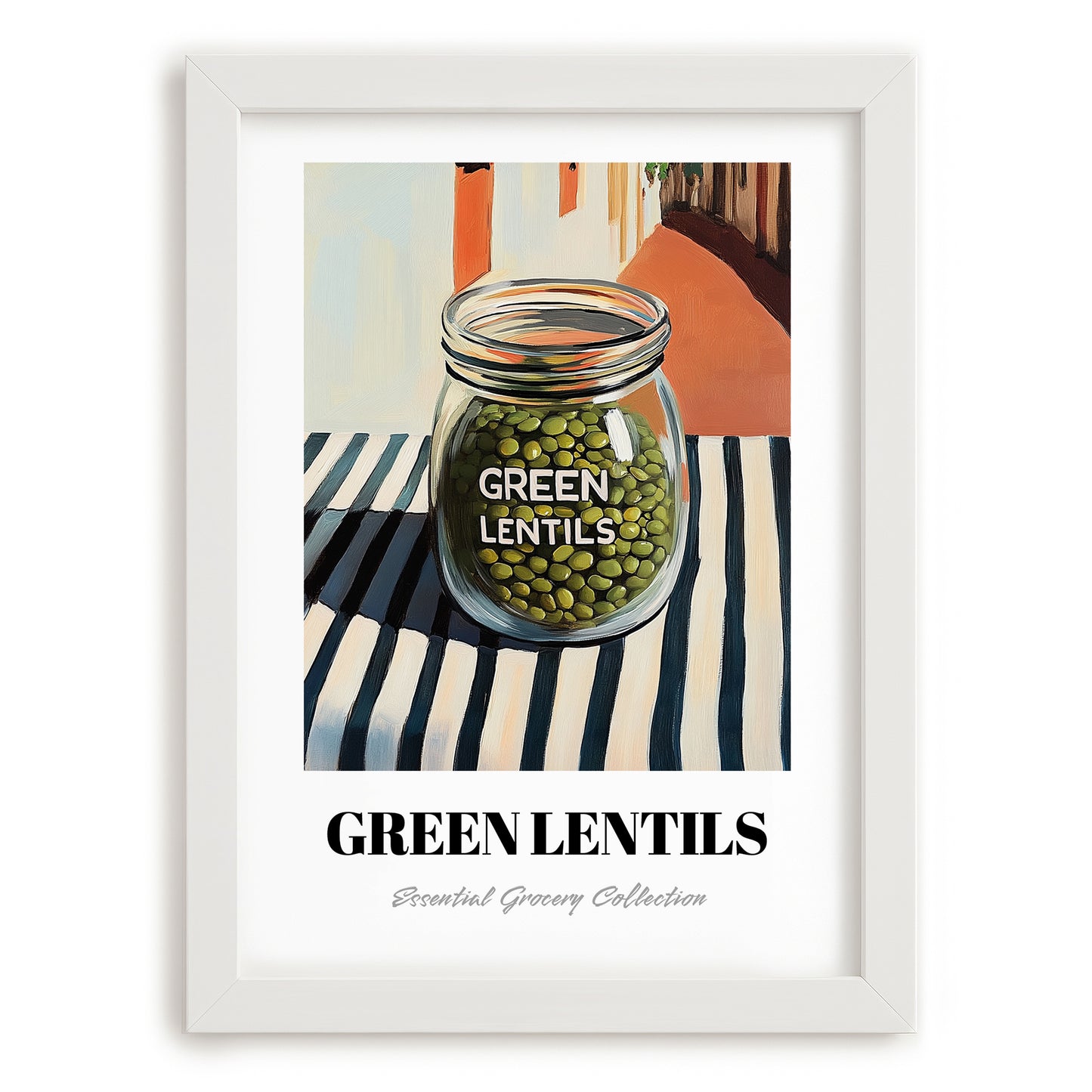 Green Lentils – Italian Café on the Corner, Kitchen Storage Illustration, placed in minimal white frame